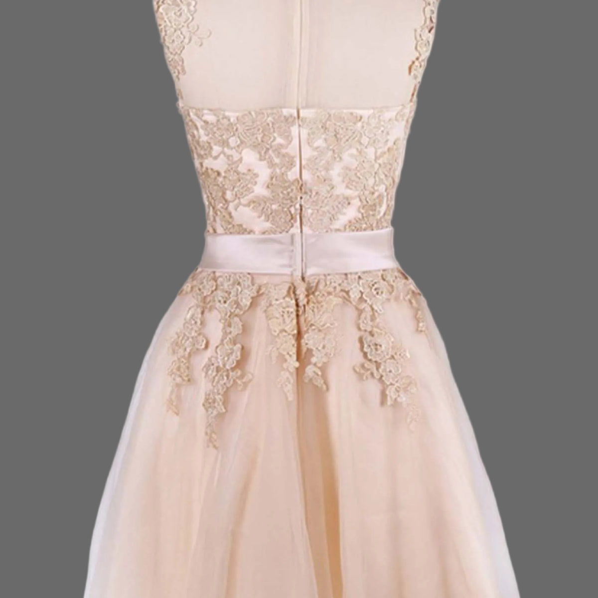 Champagne Short Lace Cocktail Dress with High Neck and Bow Sash OneWedDress Champagne Short Lace Cocktail Dress with High Neck and Bow Sash OneWedDress