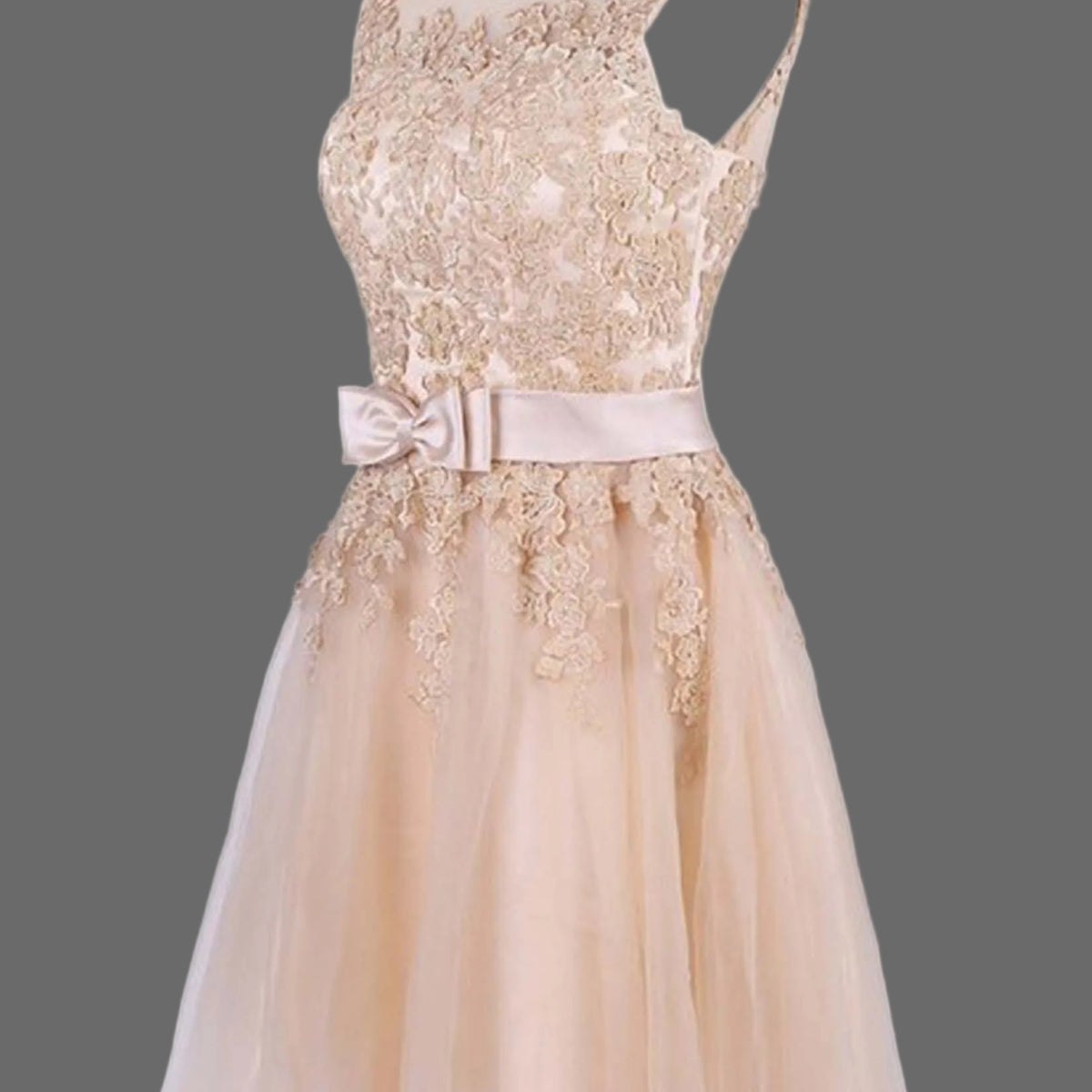 Champagne Short Lace Cocktail Dress with High Neck and Bow Sash   OneWedDress