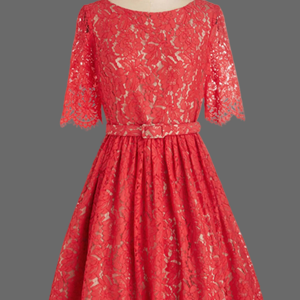 Red Lace Cocktail Dress with Half Sleeves and Scalloped Hem