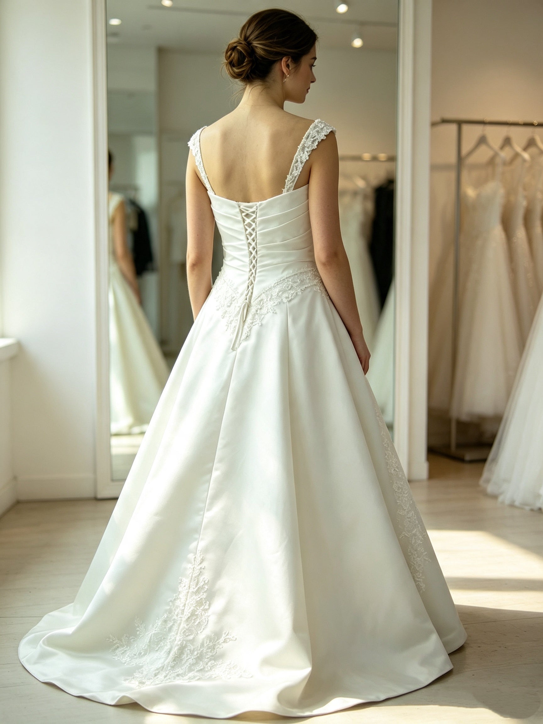 Ivory Satin A-Line Wedding Dress with Lace Straps, Ruched Bodice & Floral Embroidery – Chapel Train Bridal Gown