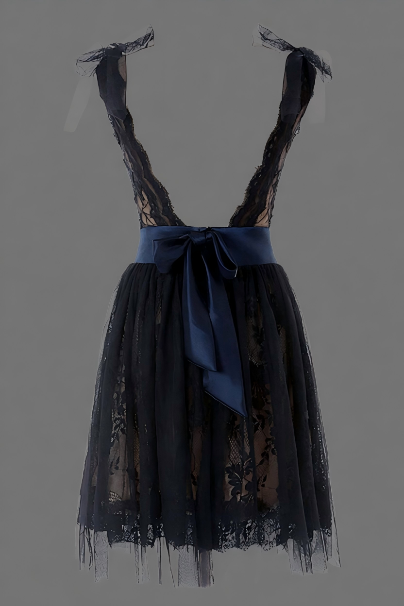 Black Lace Cocktail Dress with Illusion Neckline and Blue Sash - Short A-Line Party Dress
