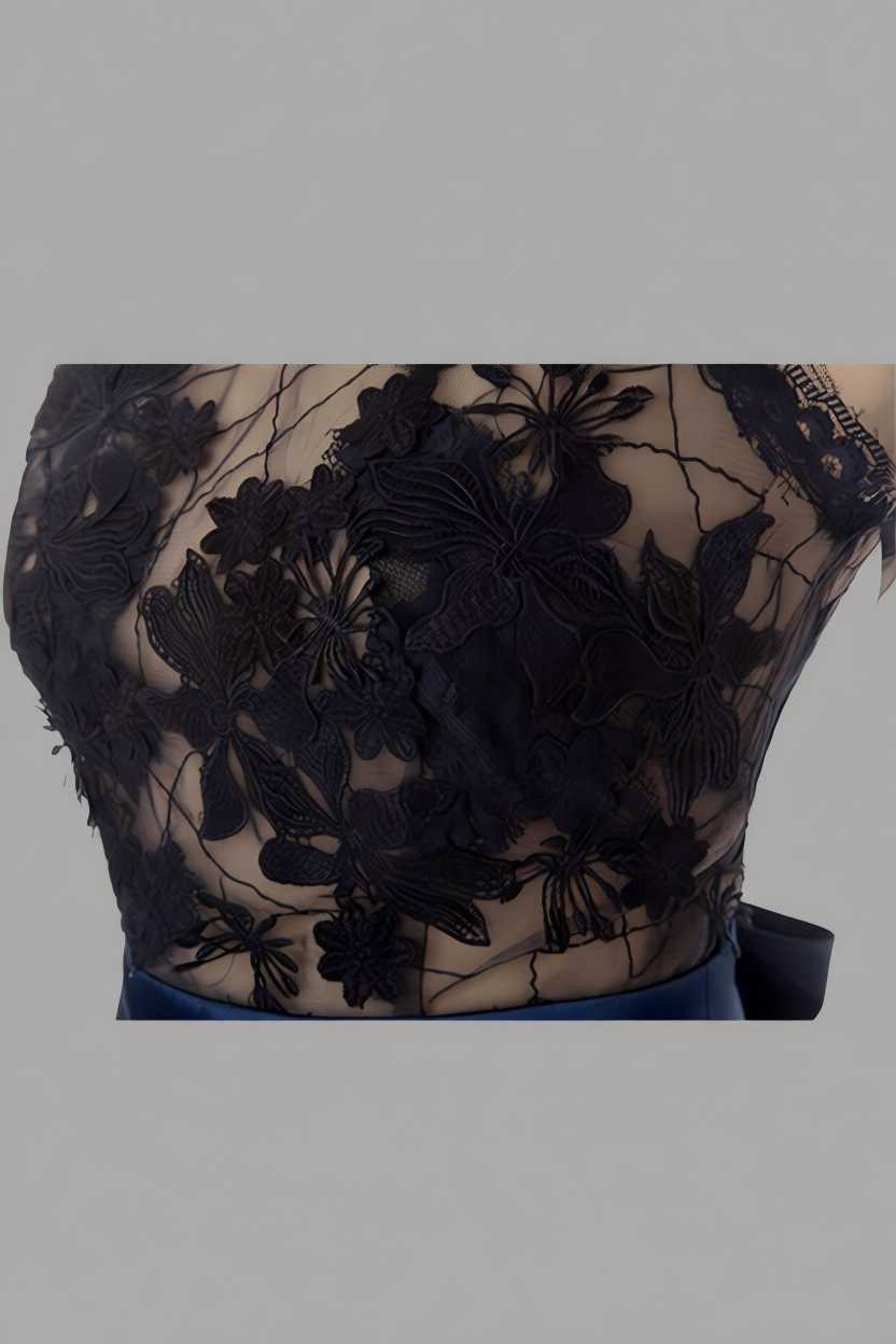 Black Lace Cocktail Dress with Illusion Neckline and Blue Sash - Short A-Line Party Dress