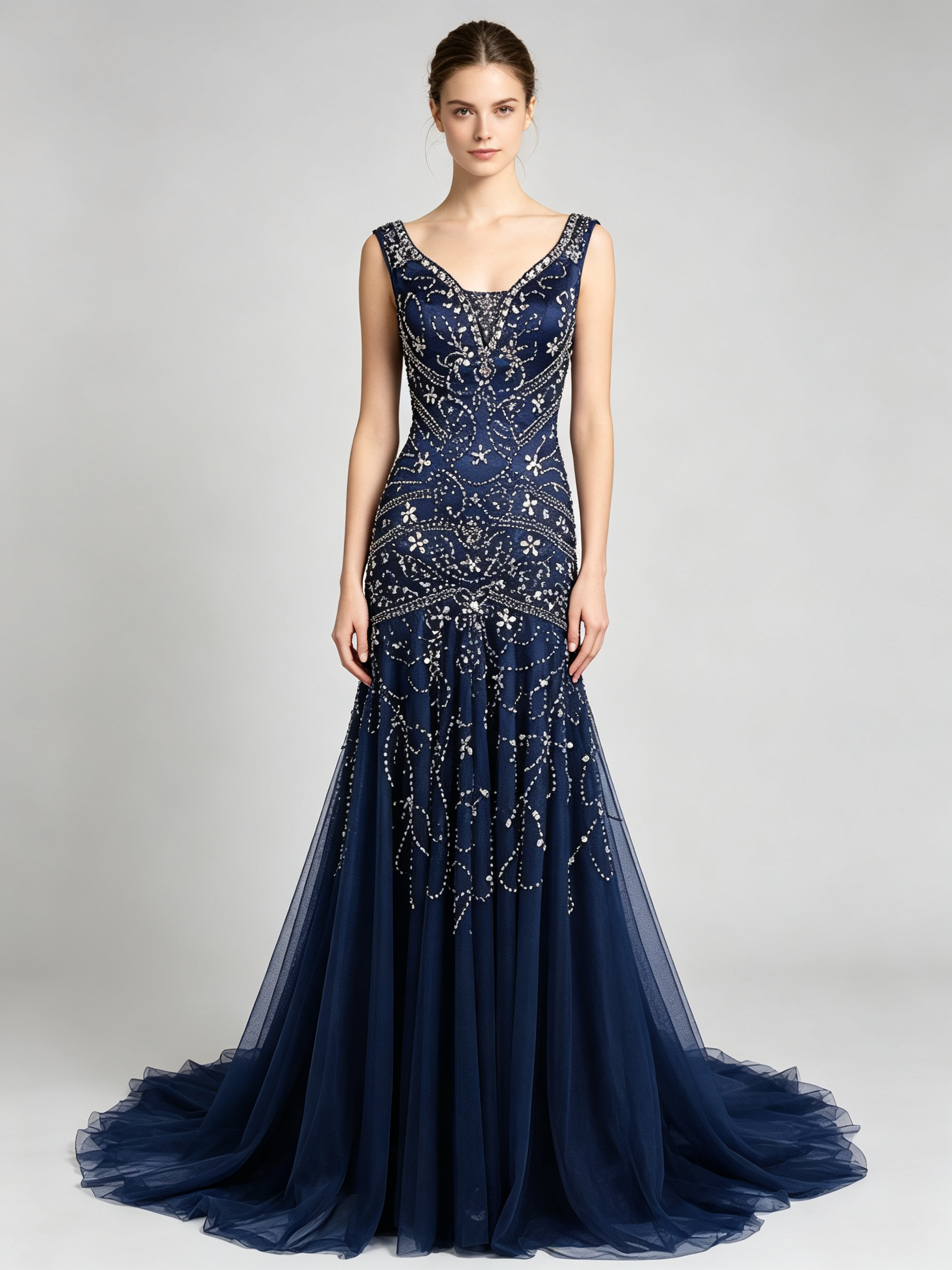 Navy Blue Beaded Mermaid Gown - Crystal Embellished Evening Dress with V-Neckline
