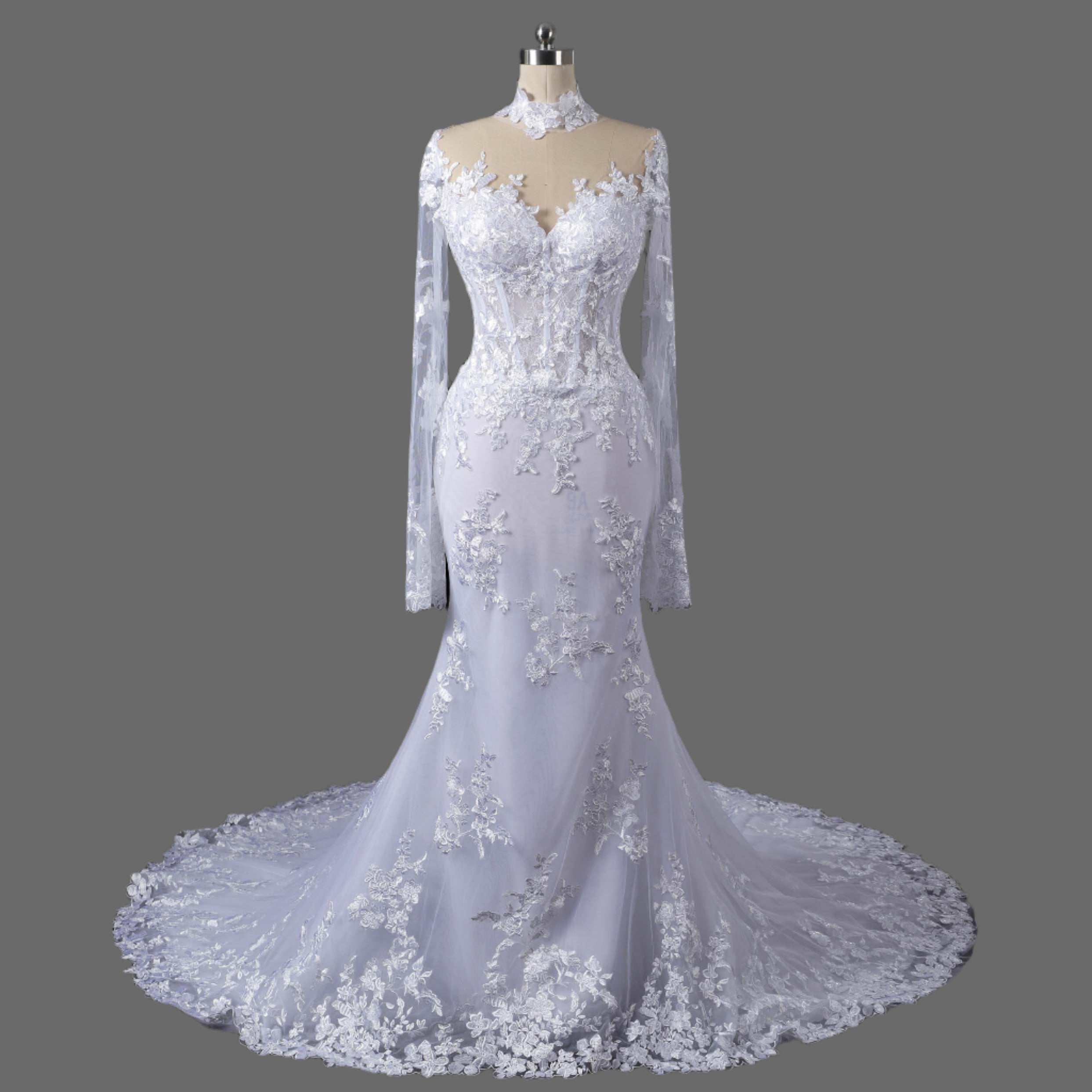 2025 New Mermaid Long Sheer Tulle Sleeves Wedding Dress | Elegant Lace Bridal Gown