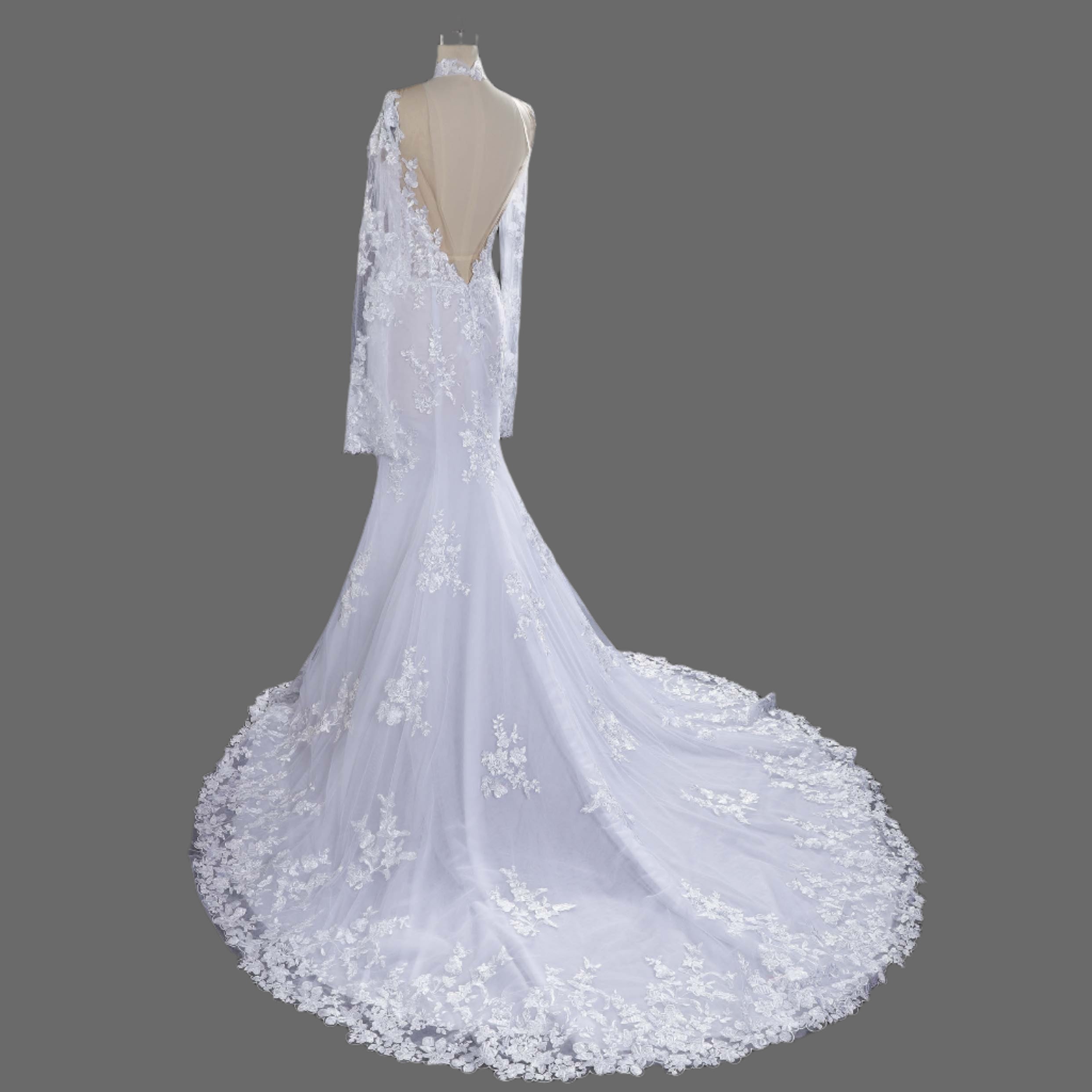 2025 New Mermaid Long Sheer Tulle Sleeves Wedding Dress | Elegant Lace Bridal Gown