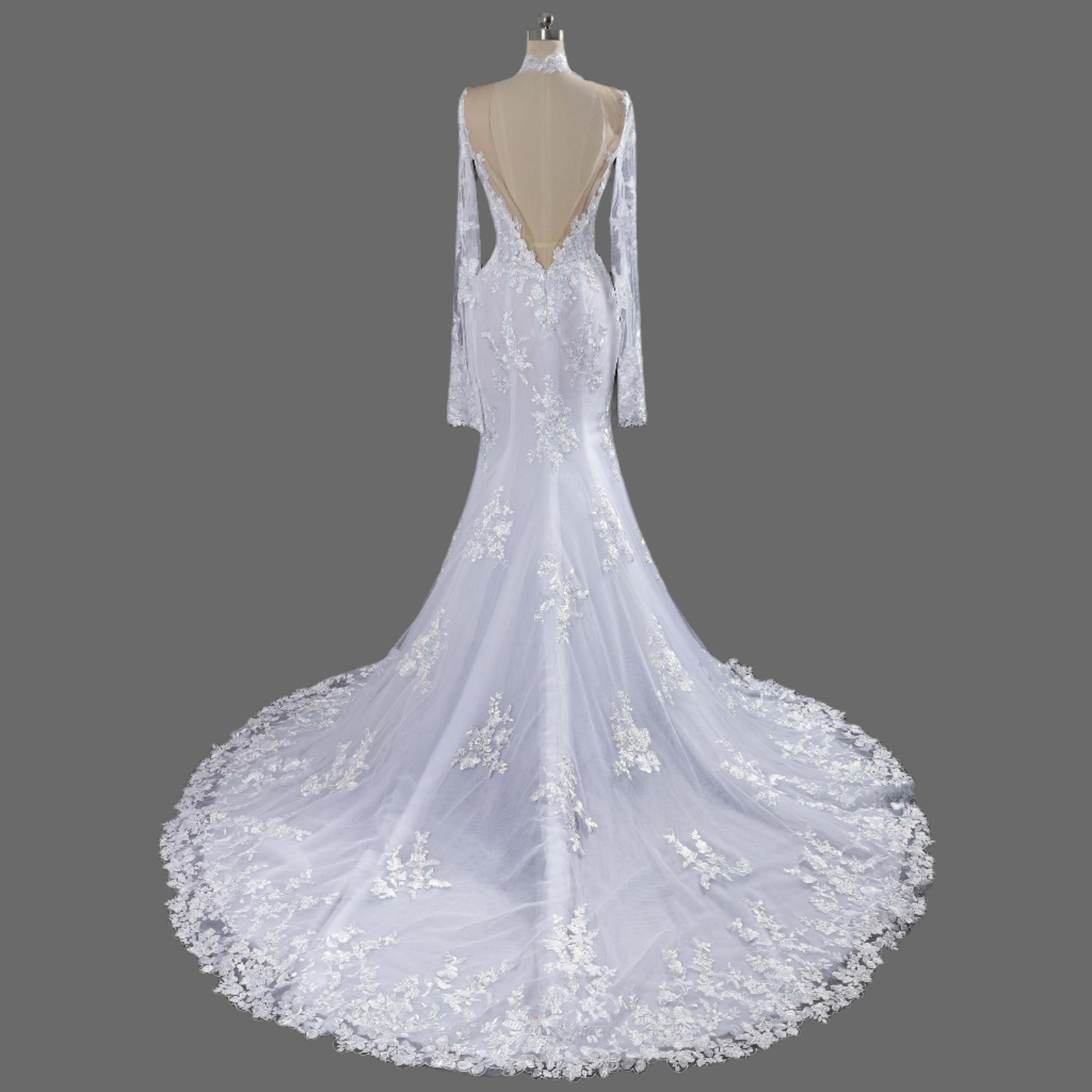 2025 New Mermaid Long Sheer Tulle Sleeves Wedding Dress | Elegant Lace Bridal Gown