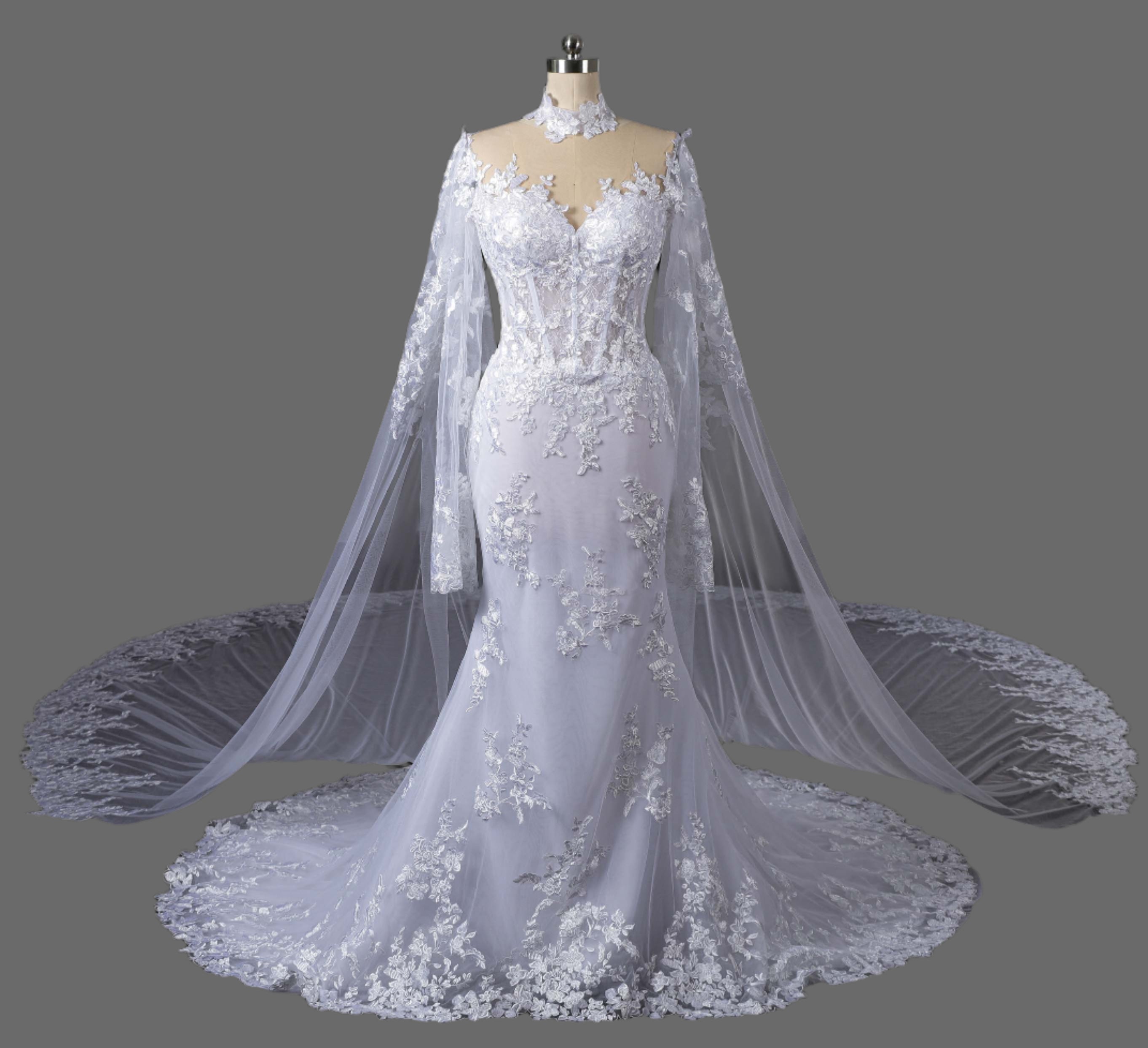 2025 New Mermaid Long Sheer Tulle Sleeves Wedding Dress | Elegant Lace Bridal Gown