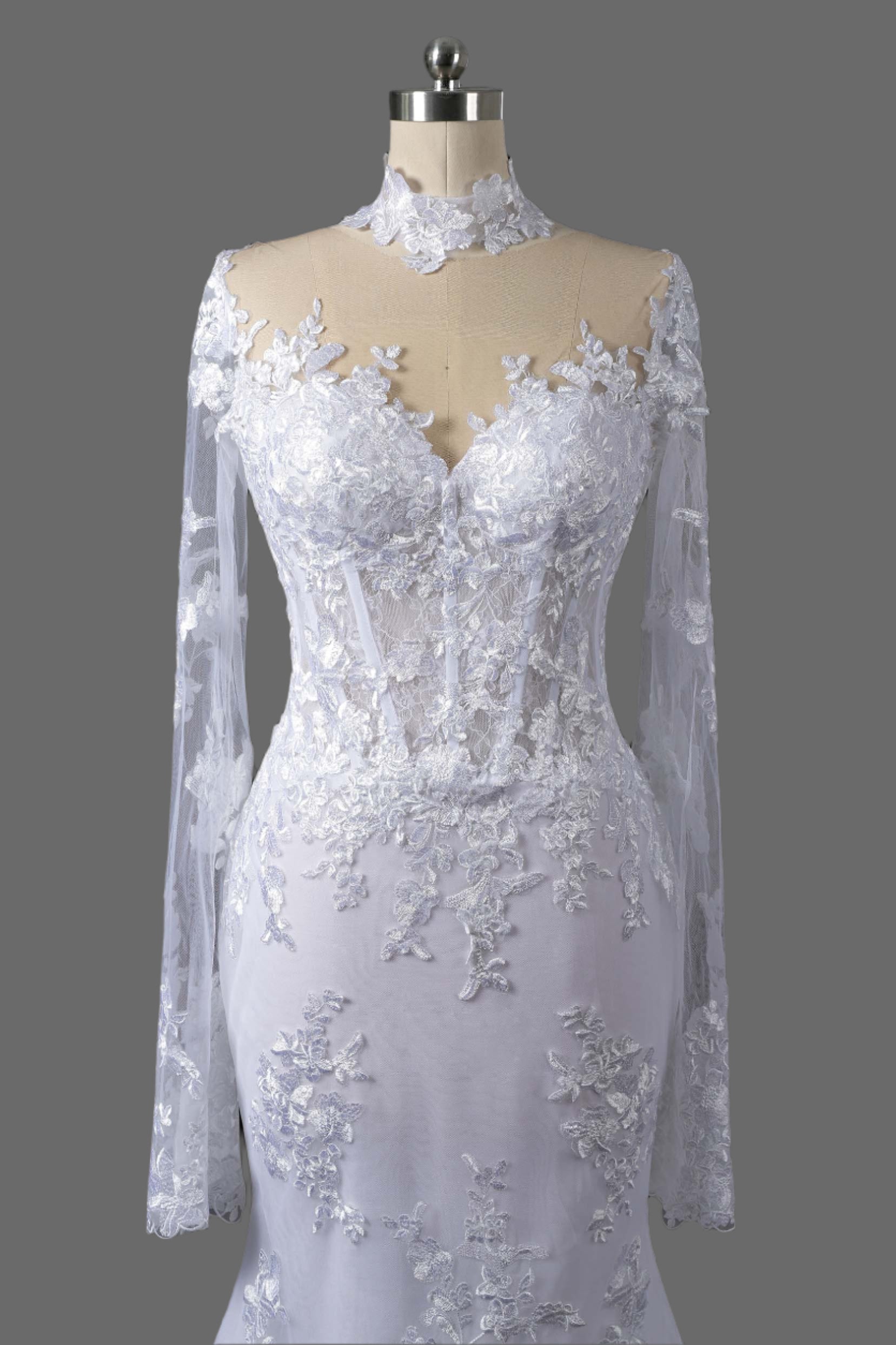 2025 New Mermaid Long Sheer Tulle Sleeves Wedding Dress | Elegant Lace Bridal Gown