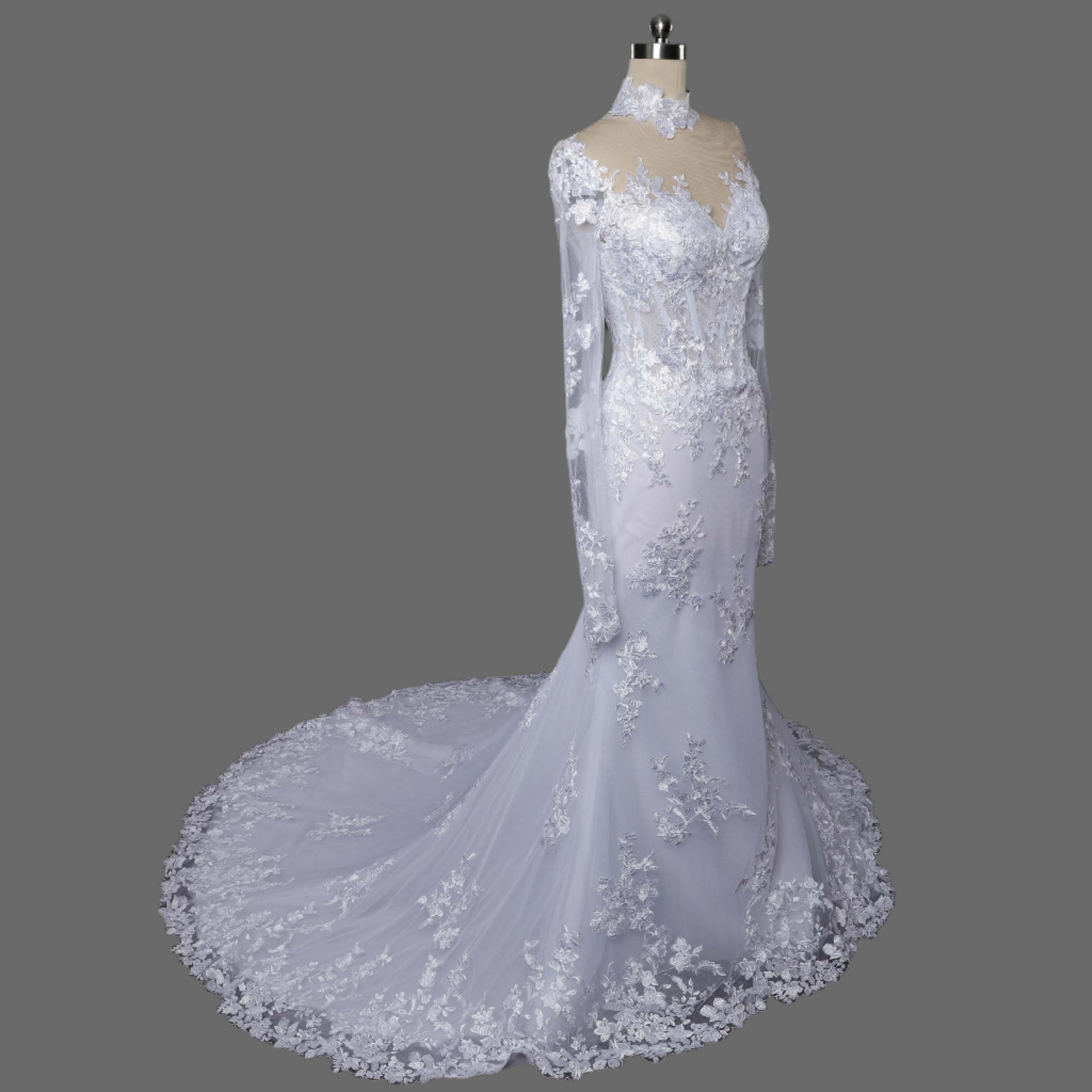 2025 New Mermaid Long Sheer Tulle Sleeves Wedding Dress | Elegant Lace Bridal Gown