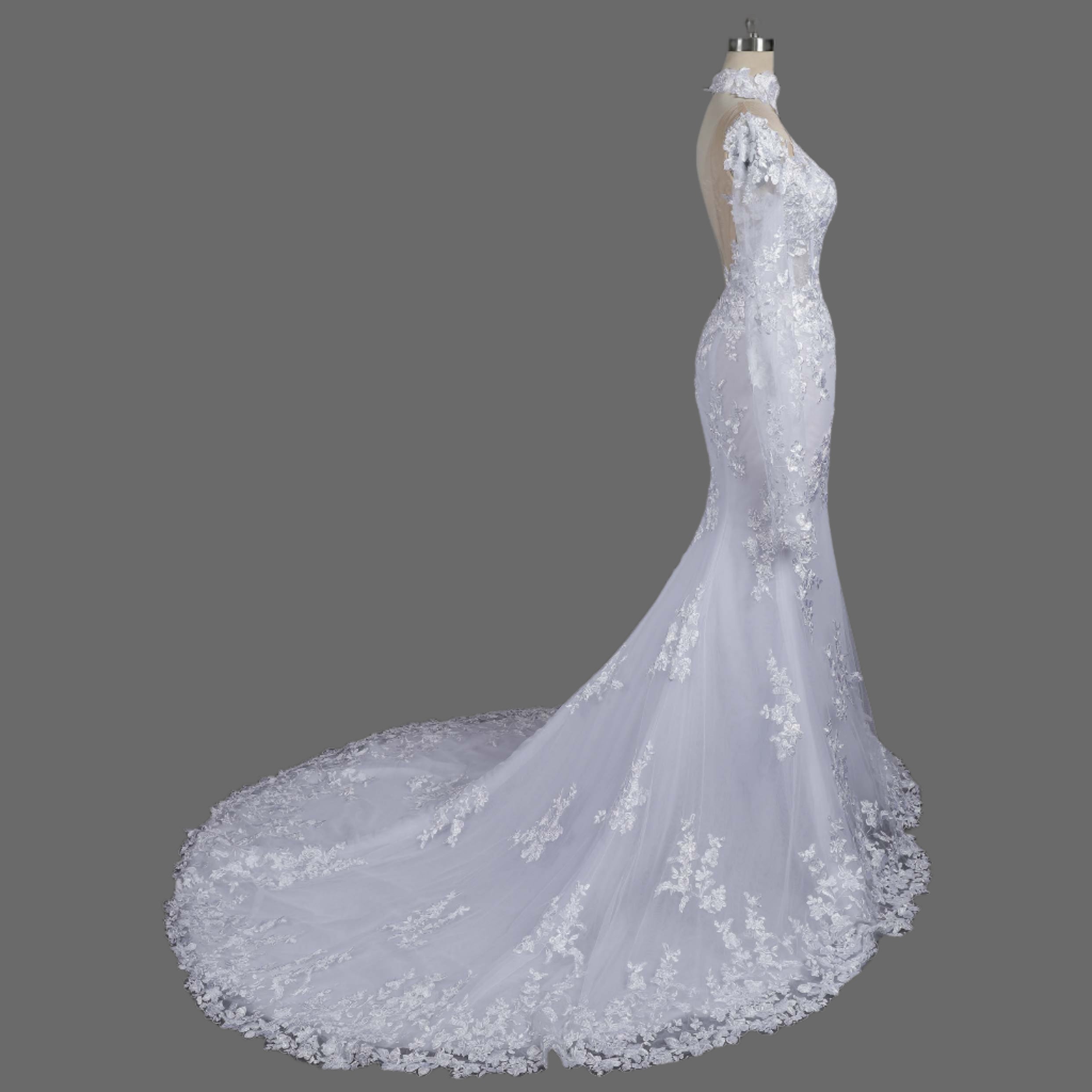 2025 New Mermaid Long Sheer Tulle Sleeves Wedding Dress | Elegant Lace Bridal Gown