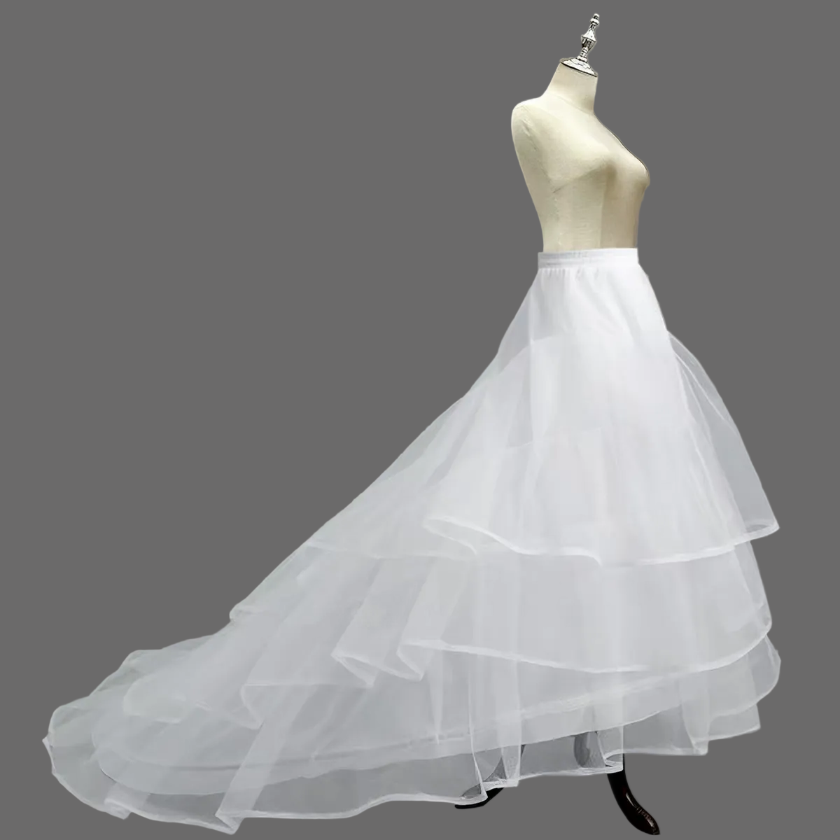 3-Layer Tulle Cathedral Train Petticoat – White Hi-Low Bridal Underskirt for Wedding Dress with Train