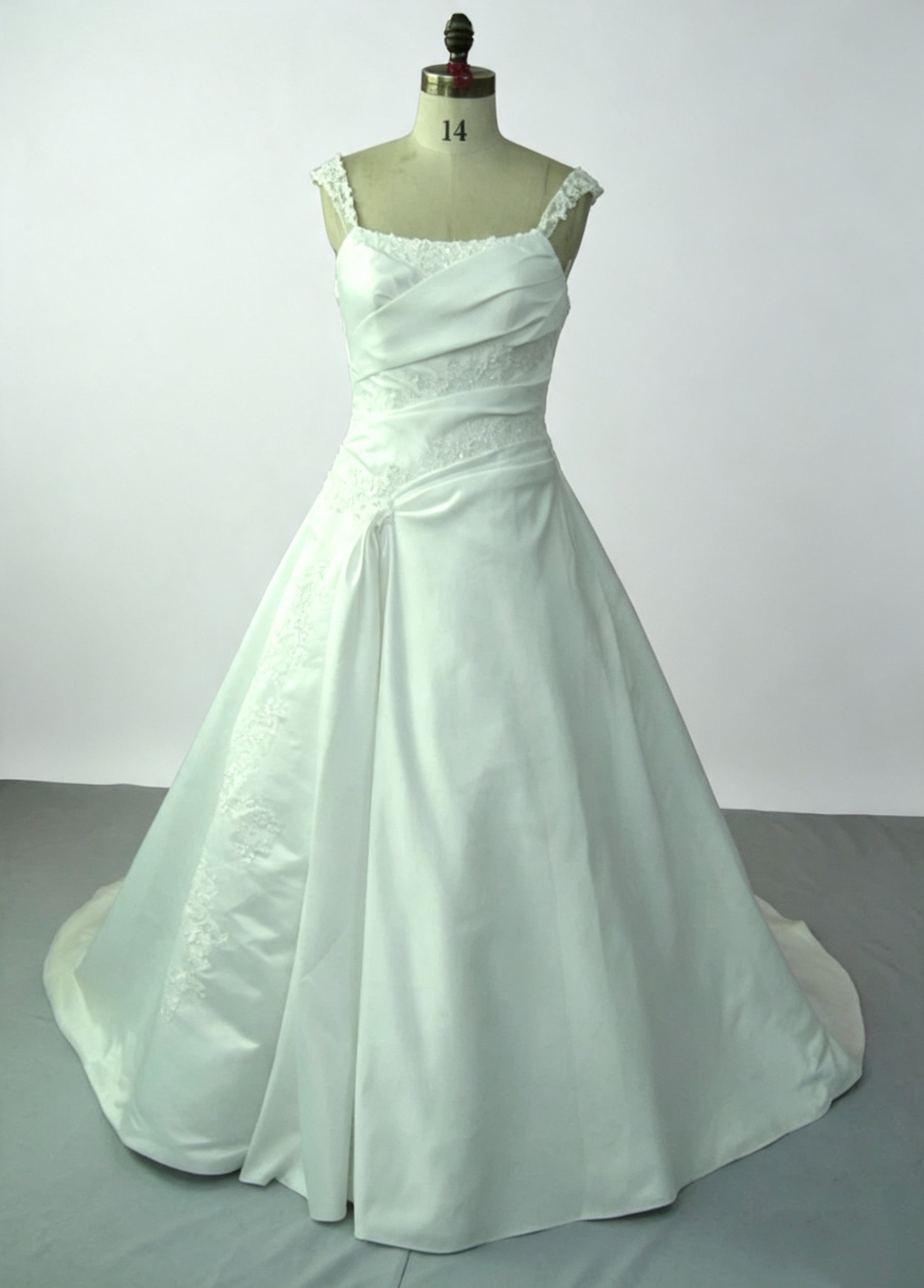 Ivory Satin A-Line Wedding Dress with Lace Straps, Ruched Bodice & Floral Embroidery – Chapel Train Bridal Gown