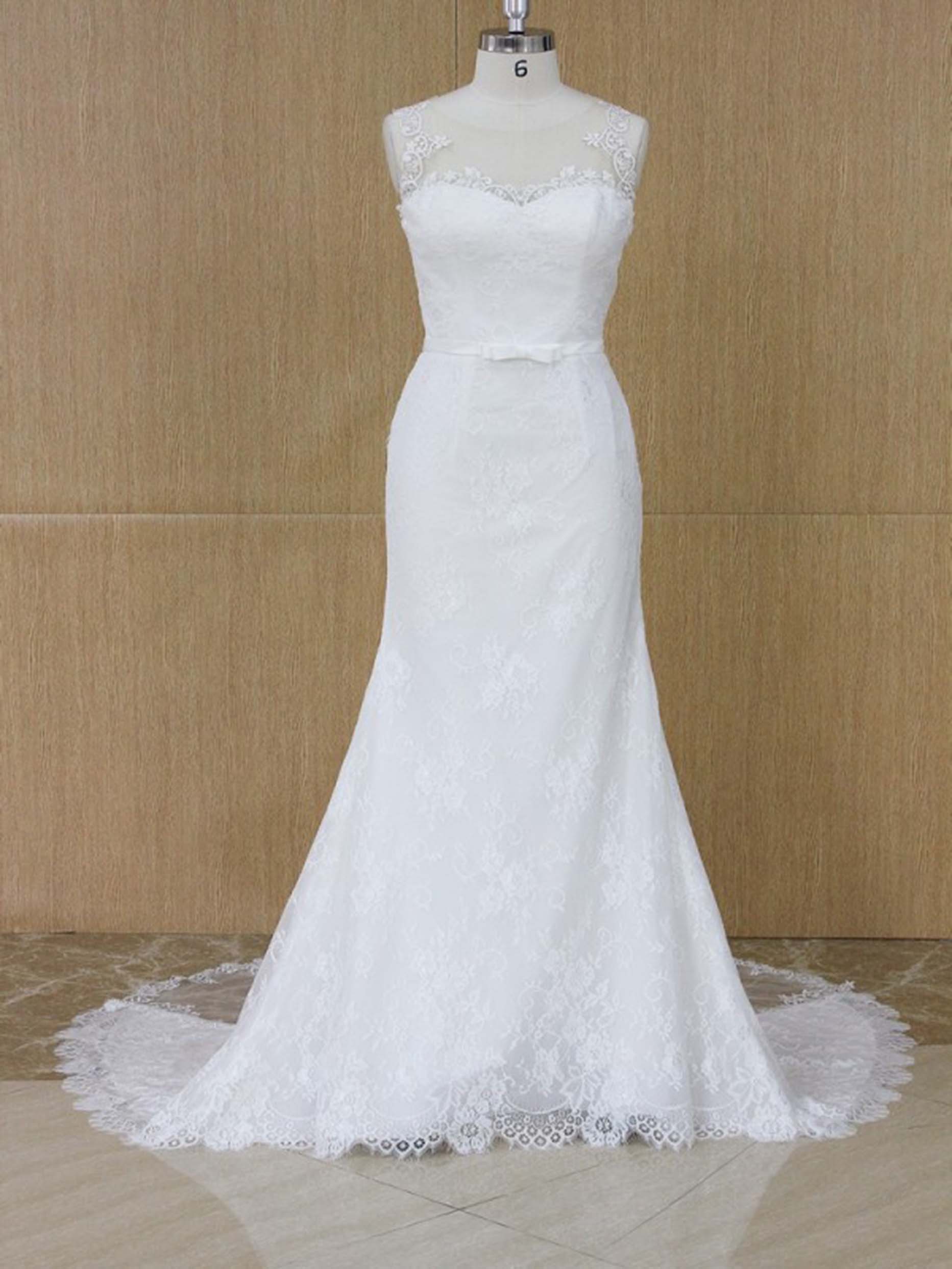 Sleeveless Mermaid Wedding Dress with Illusion Neckline Lace Appliqués and Chapel Train