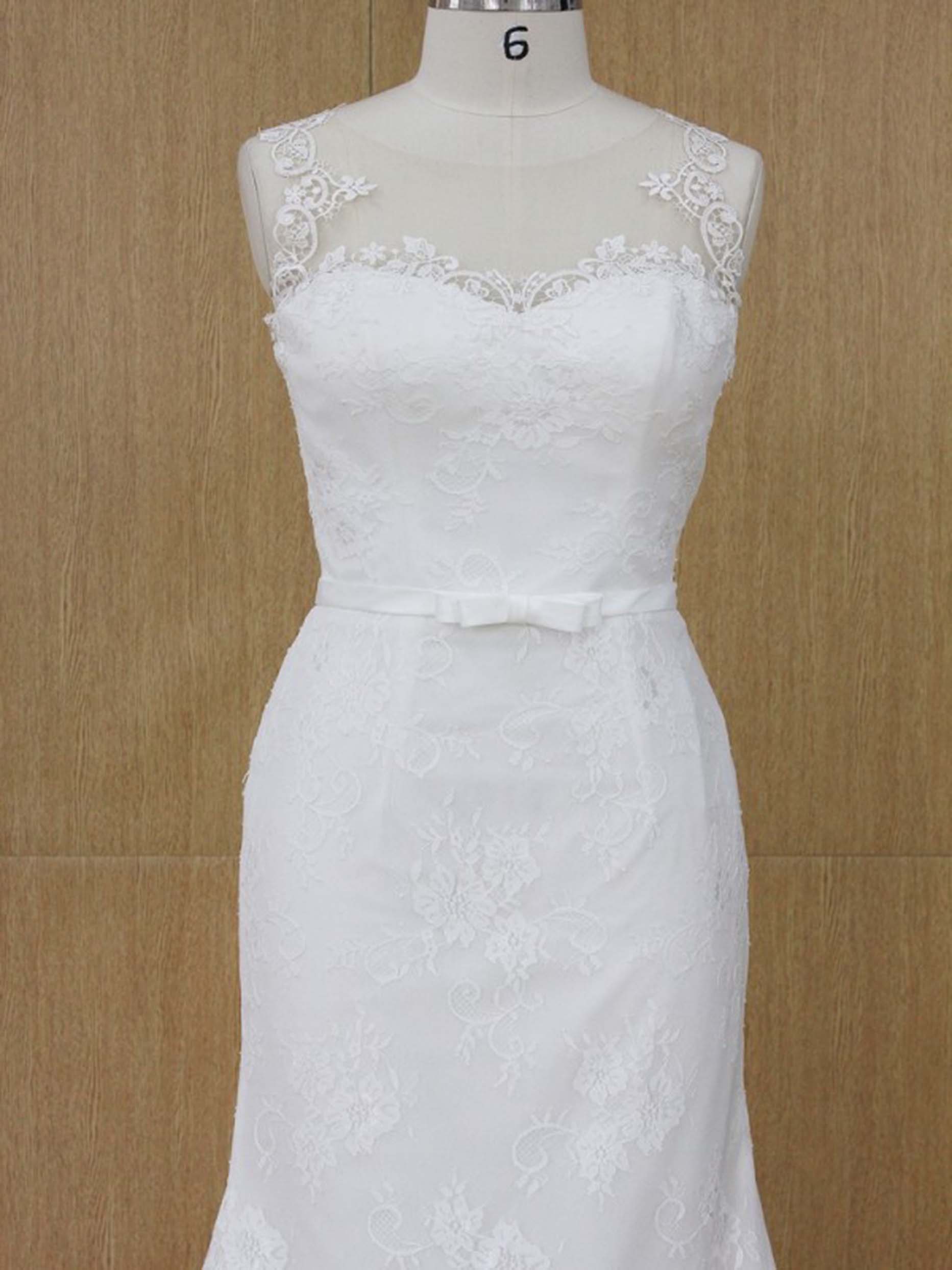 Sleeveless Mermaid Wedding Dress with Illusion Neckline Lace Appliqués and Chapel Train