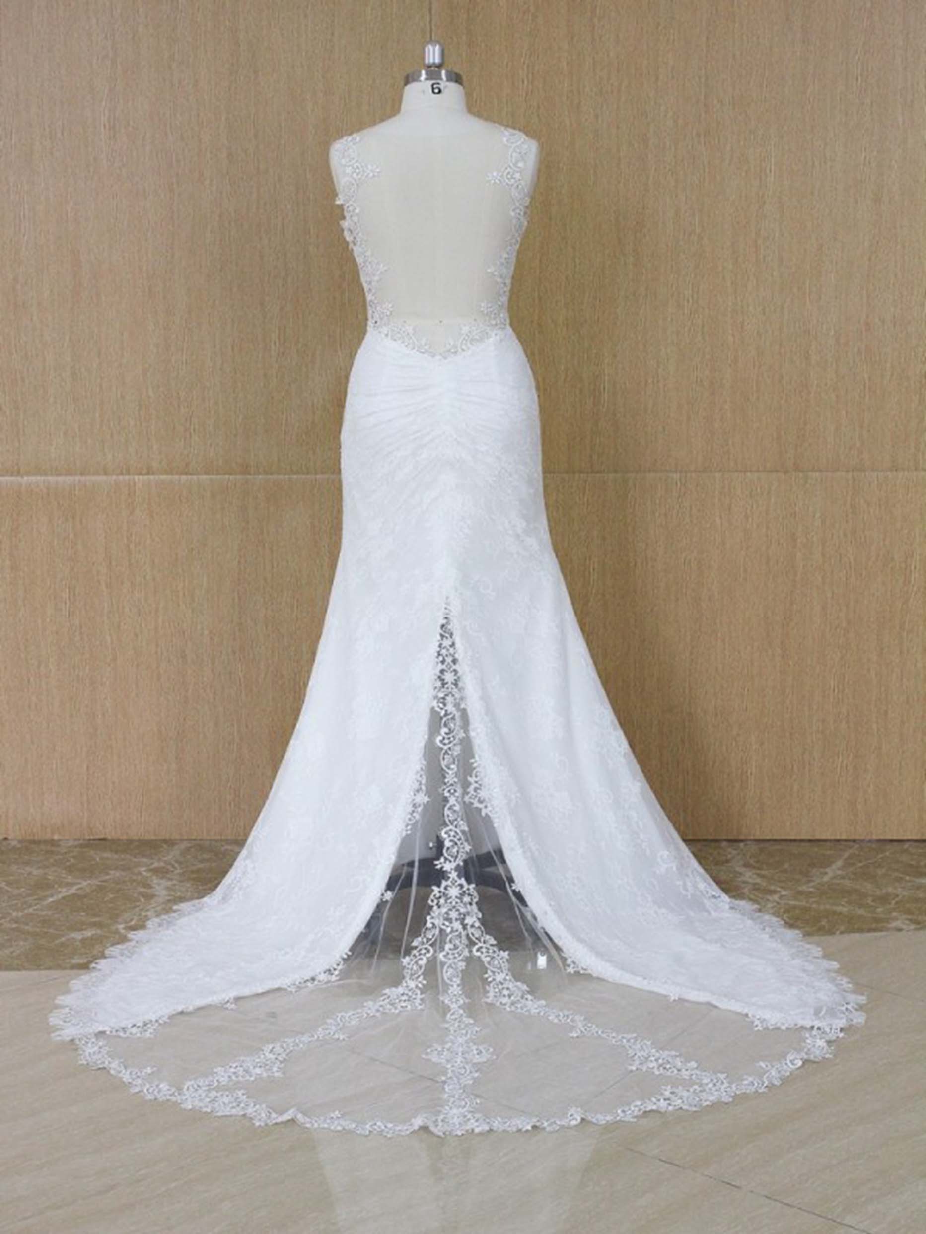 Sleeveless Mermaid Wedding Dress with Illusion Neckline Lace Appliqués and Chapel Train