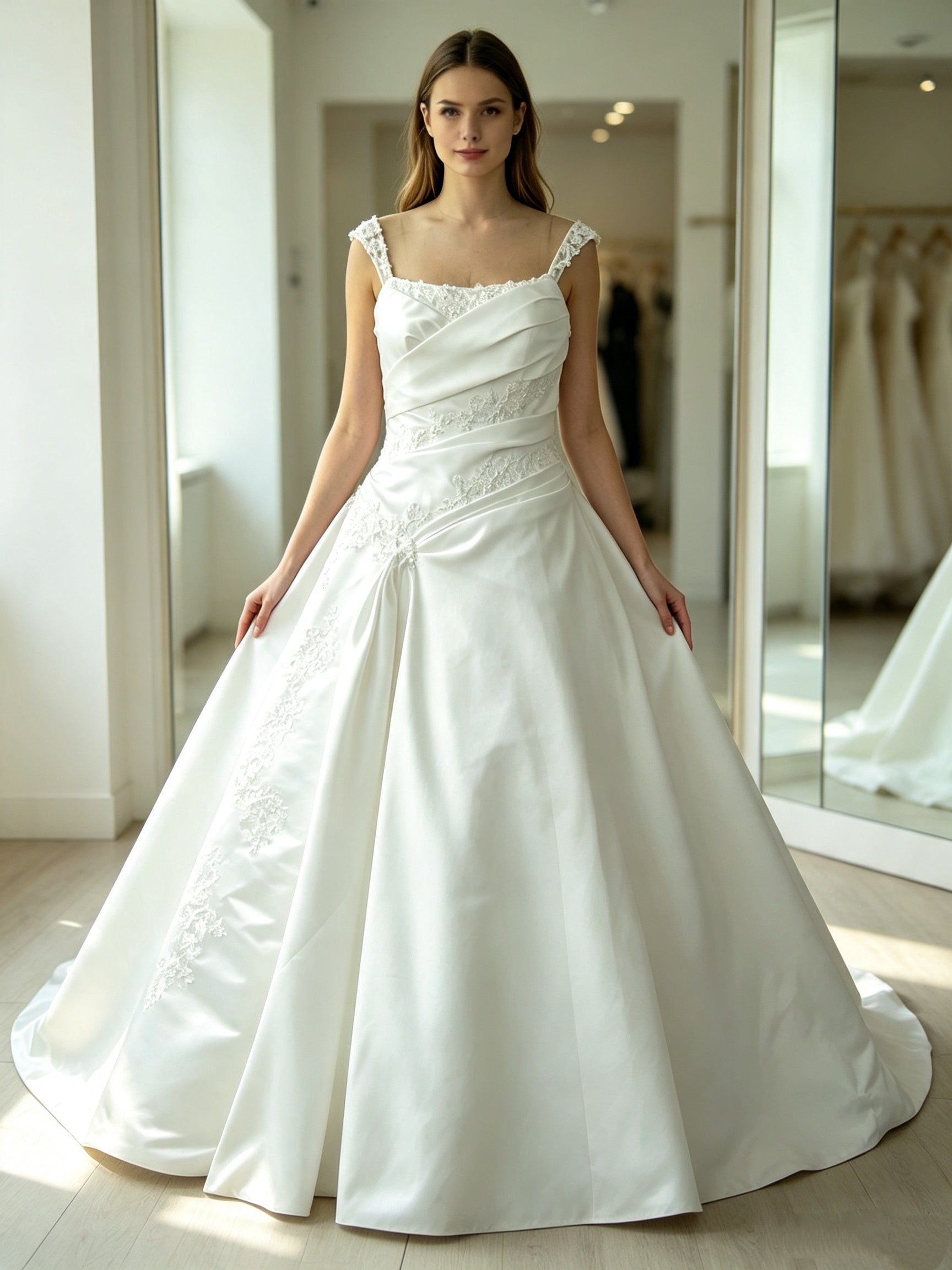 Ivory Satin A-Line Wedding Dress with Lace Straps, Ruched Bodice & Floral Embroidery – Chapel Train Bridal Gown
