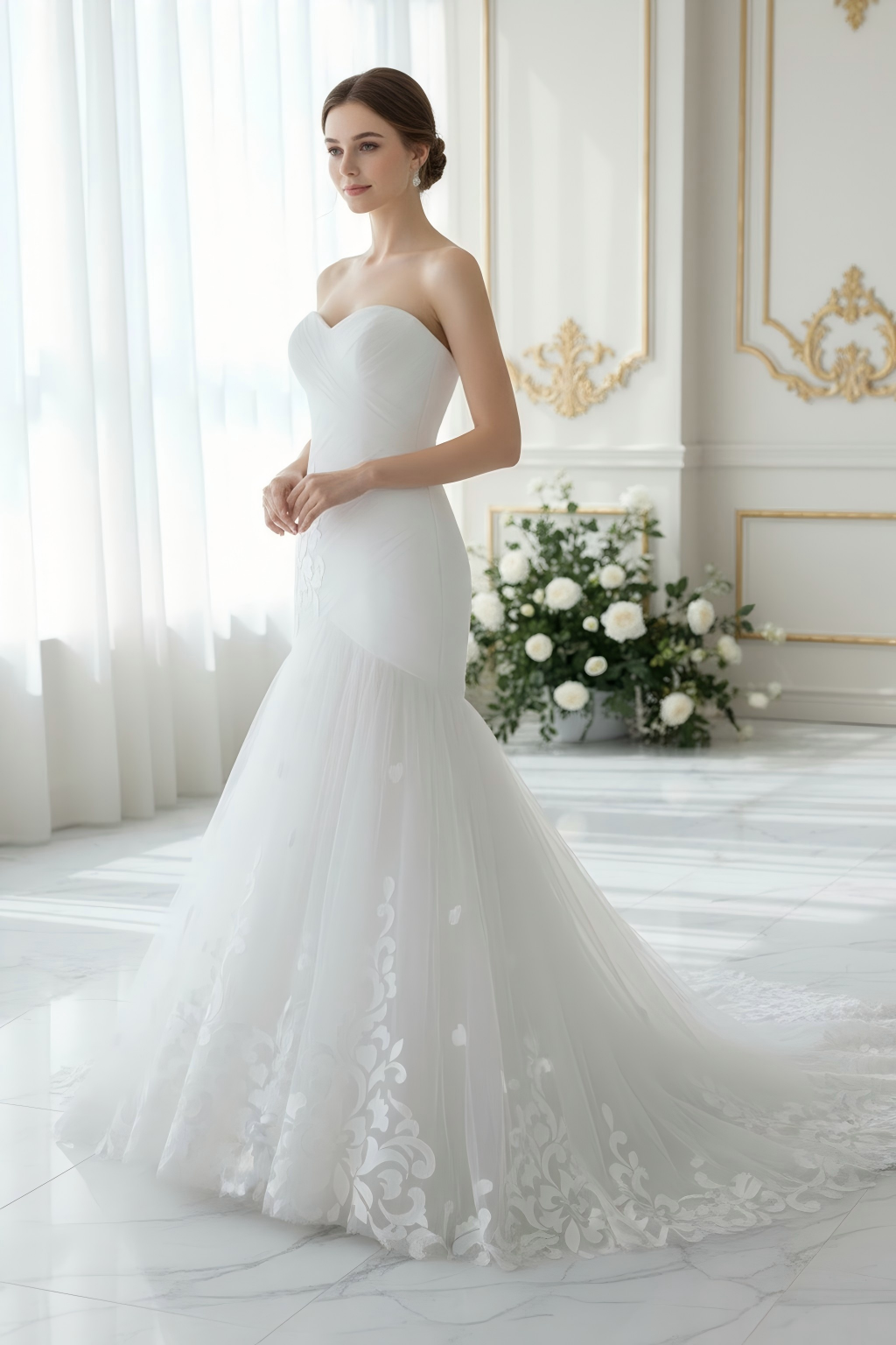 Strapless Mermaid Wedding Dress with 3D Petal Appliqués & Chapel Train - Elegant Bridal Gown
