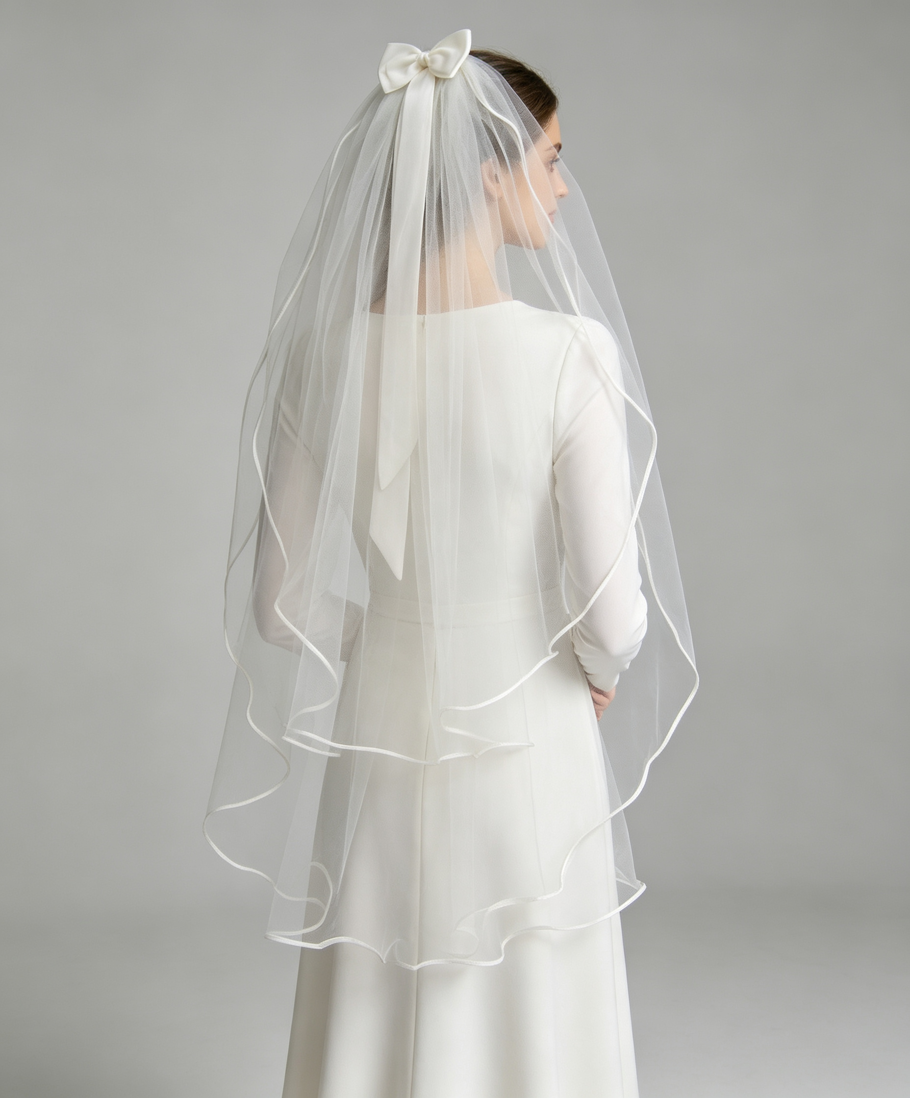 Two-Tier Bridal Veil with Satin Bow & Silver Wire Edge