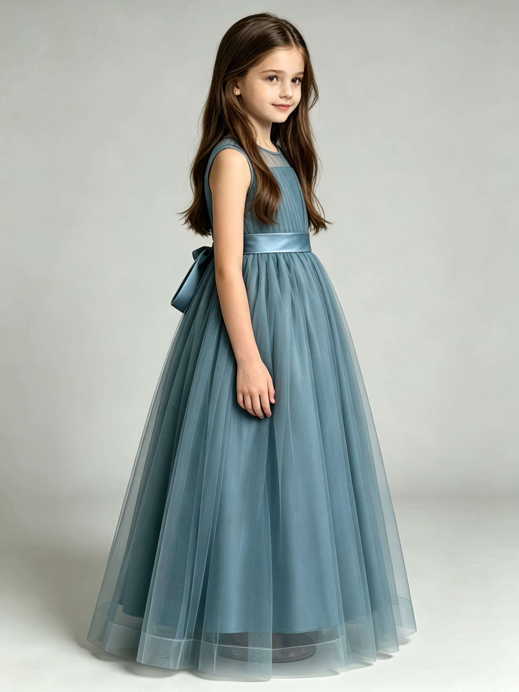 Dusty Blue Junior Bridesmaid Dress Tulle Illusion Neck
