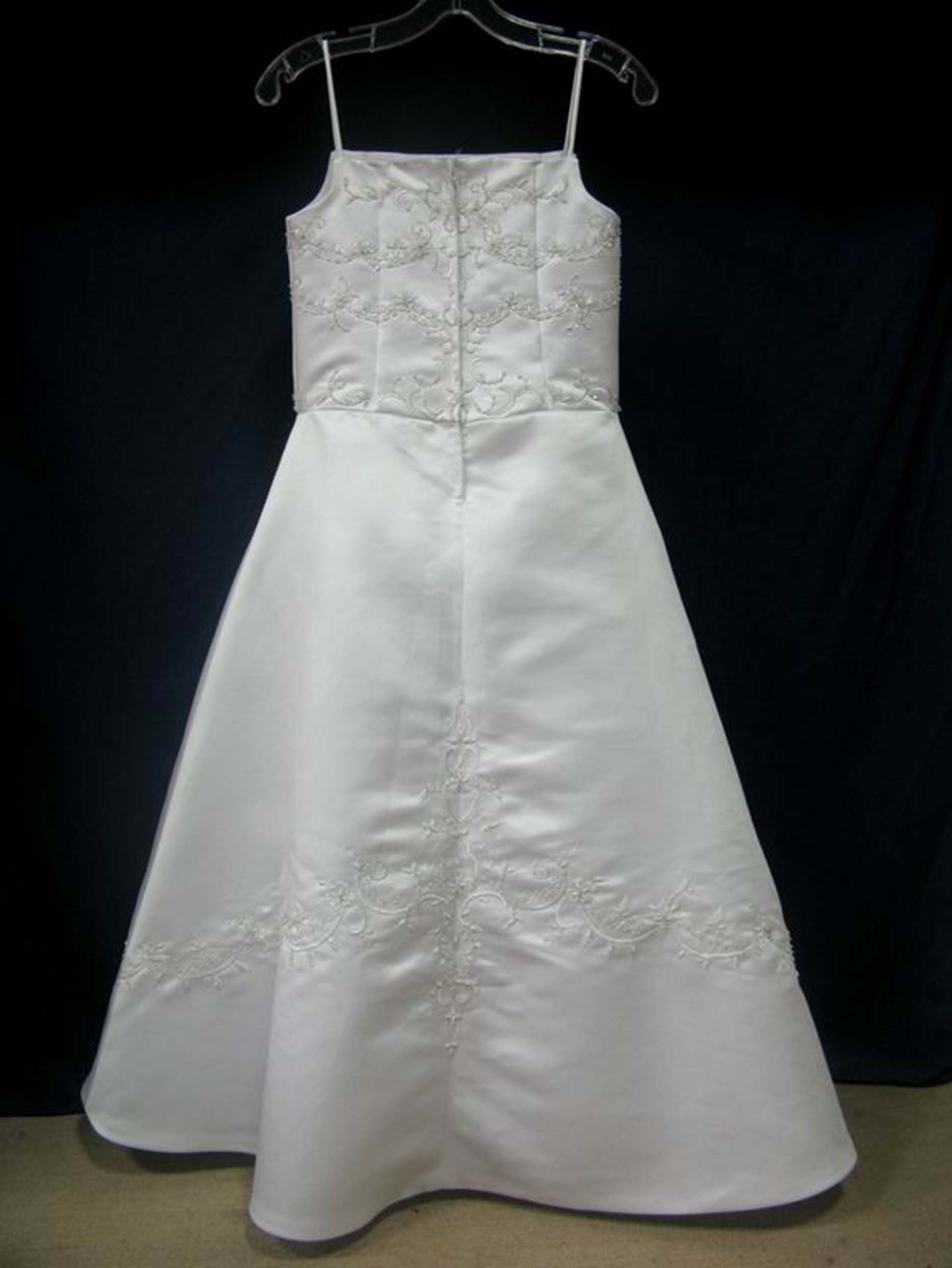 Girls White Satin A-Line Flower Girl Dress – Floral Embroidered Spaghetti Strap Gown for Wedding & First Communion