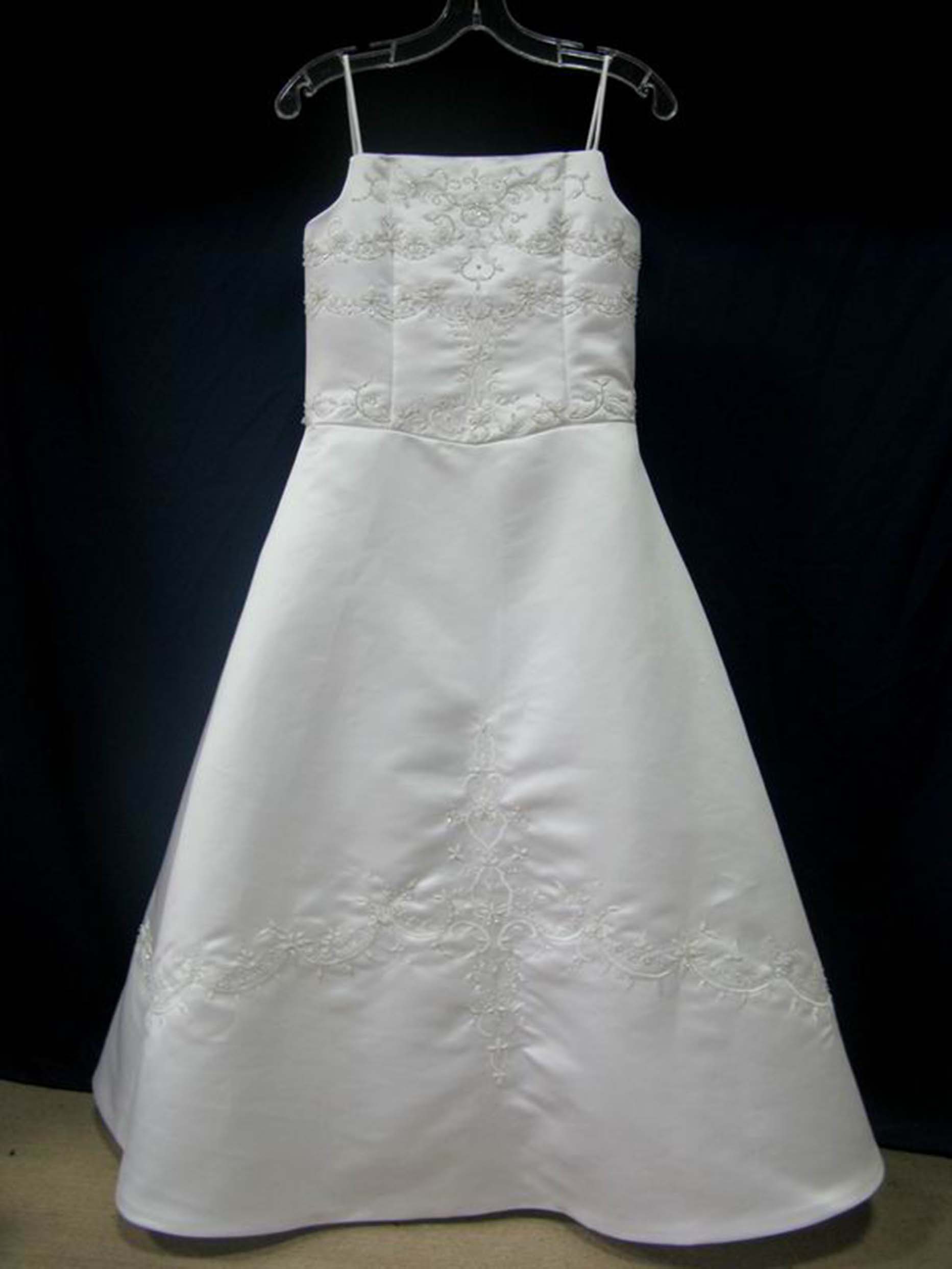 Girls White Satin A-Line Flower Girl Dress – Floral Embroidered Spaghetti Strap Gown for Wedding & First Communion