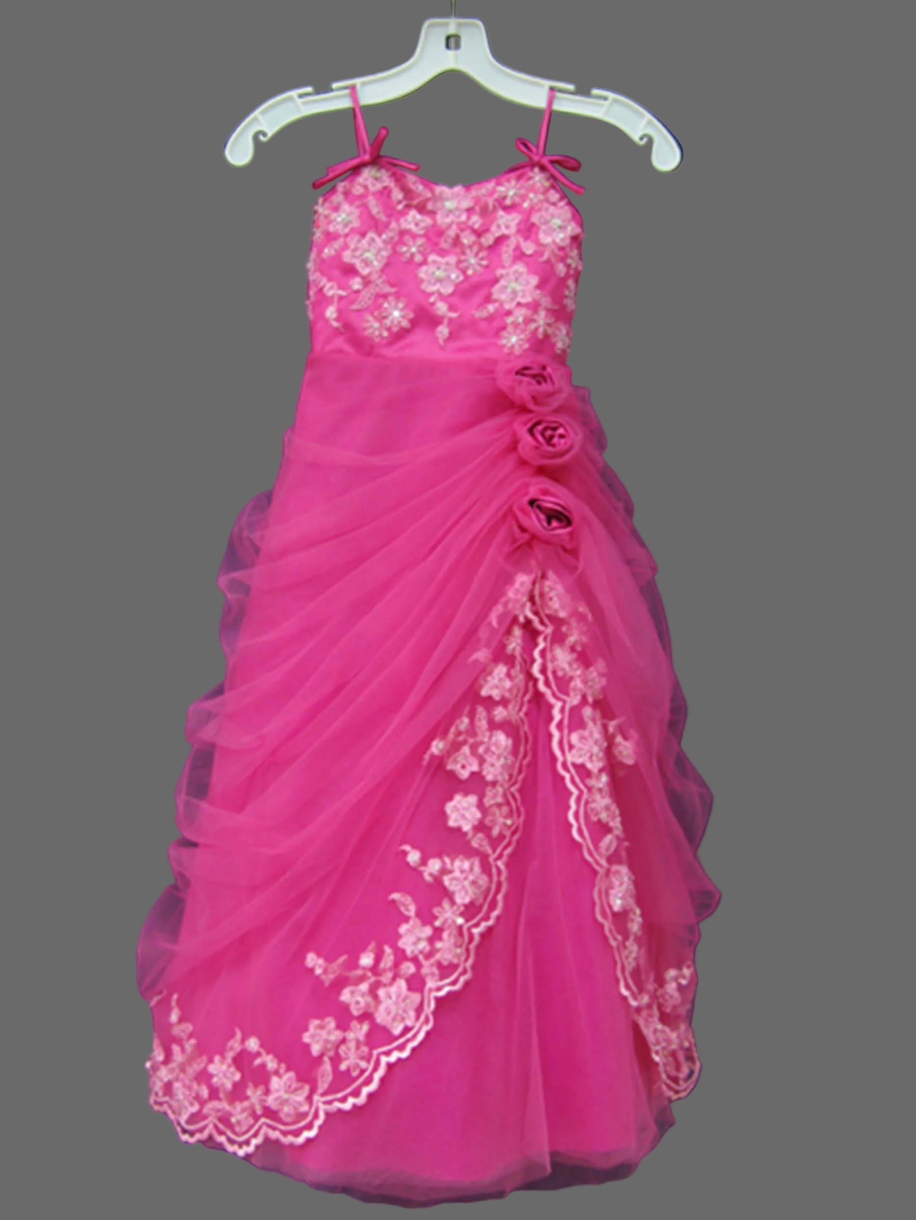 Girls Fuchsia Lace Applique Ruffle Ball Gown Pageant Dress with Floral Rosette Detail