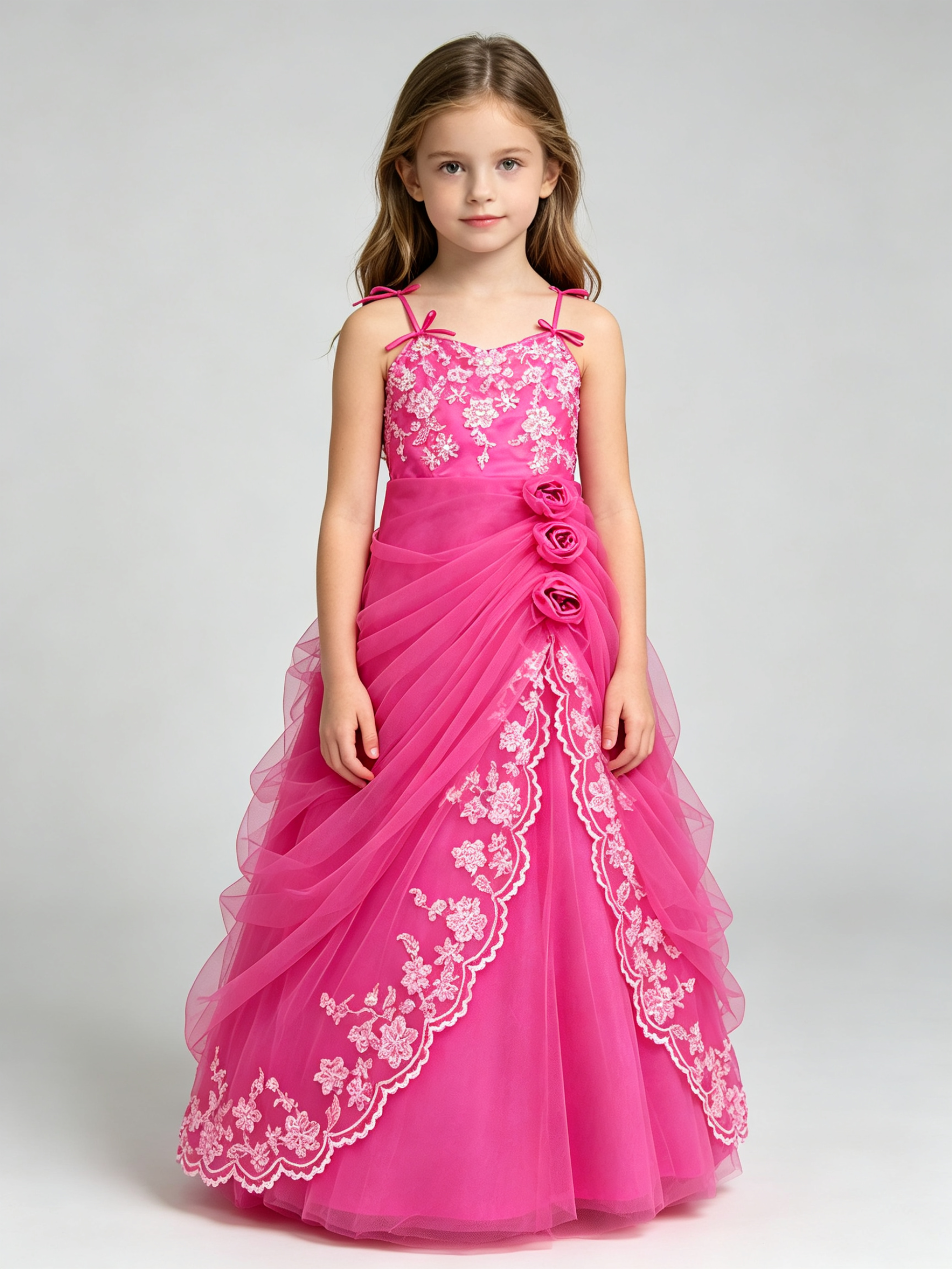 Girls Fuchsia Lace Applique Ruffle Ball Gown Pageant Dress with Floral Rosette Detail