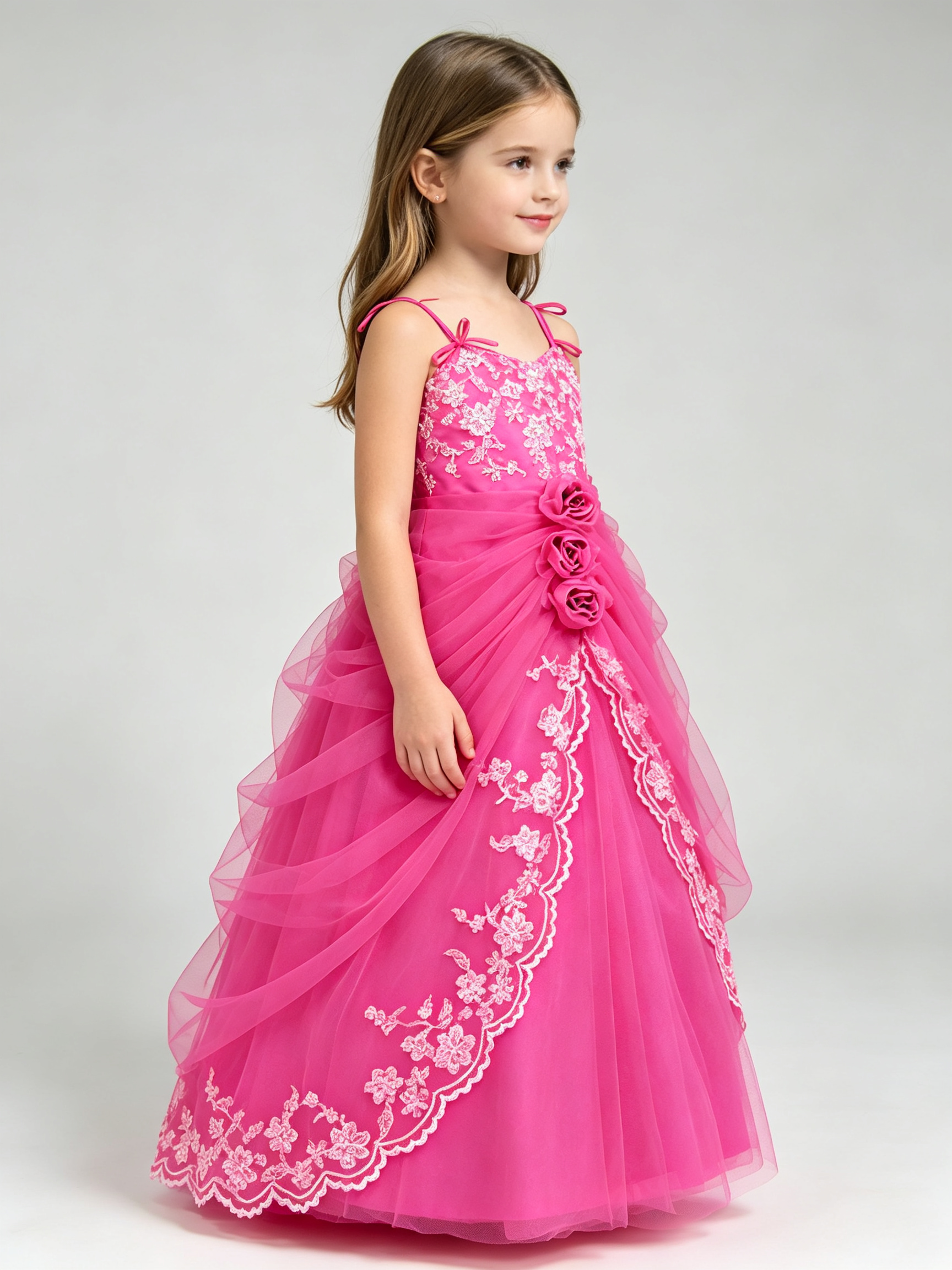 Girls Fuchsia Lace Applique Ruffle Ball Gown Pageant Dress with Floral Rosette Detail