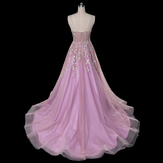 Pink Wedding Dress with Lace Appliques - Elegant Bridal Gown