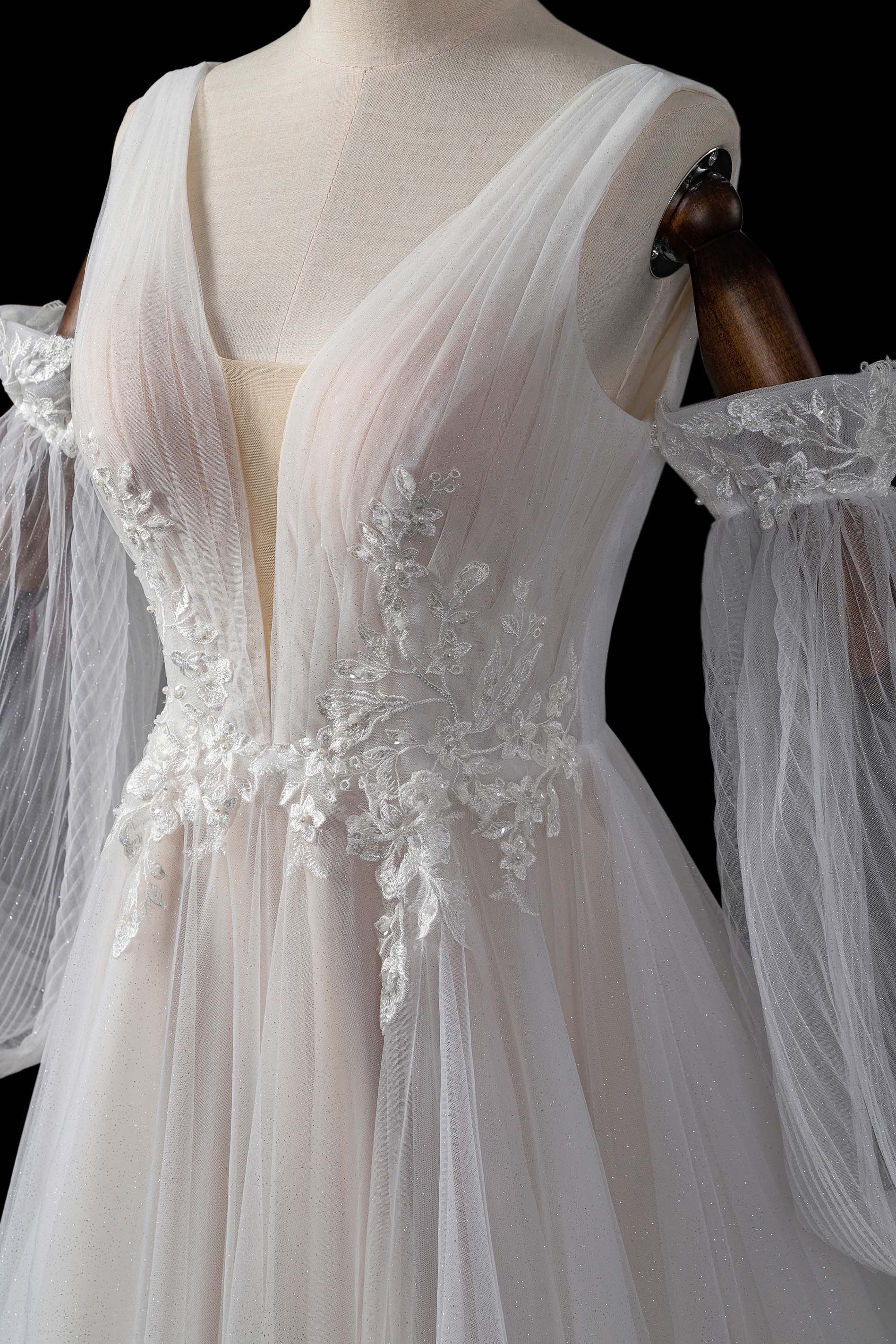 V-Neck Ballgown Wedding Dress with Detachable Tulle Sleeves and Cathedral Train