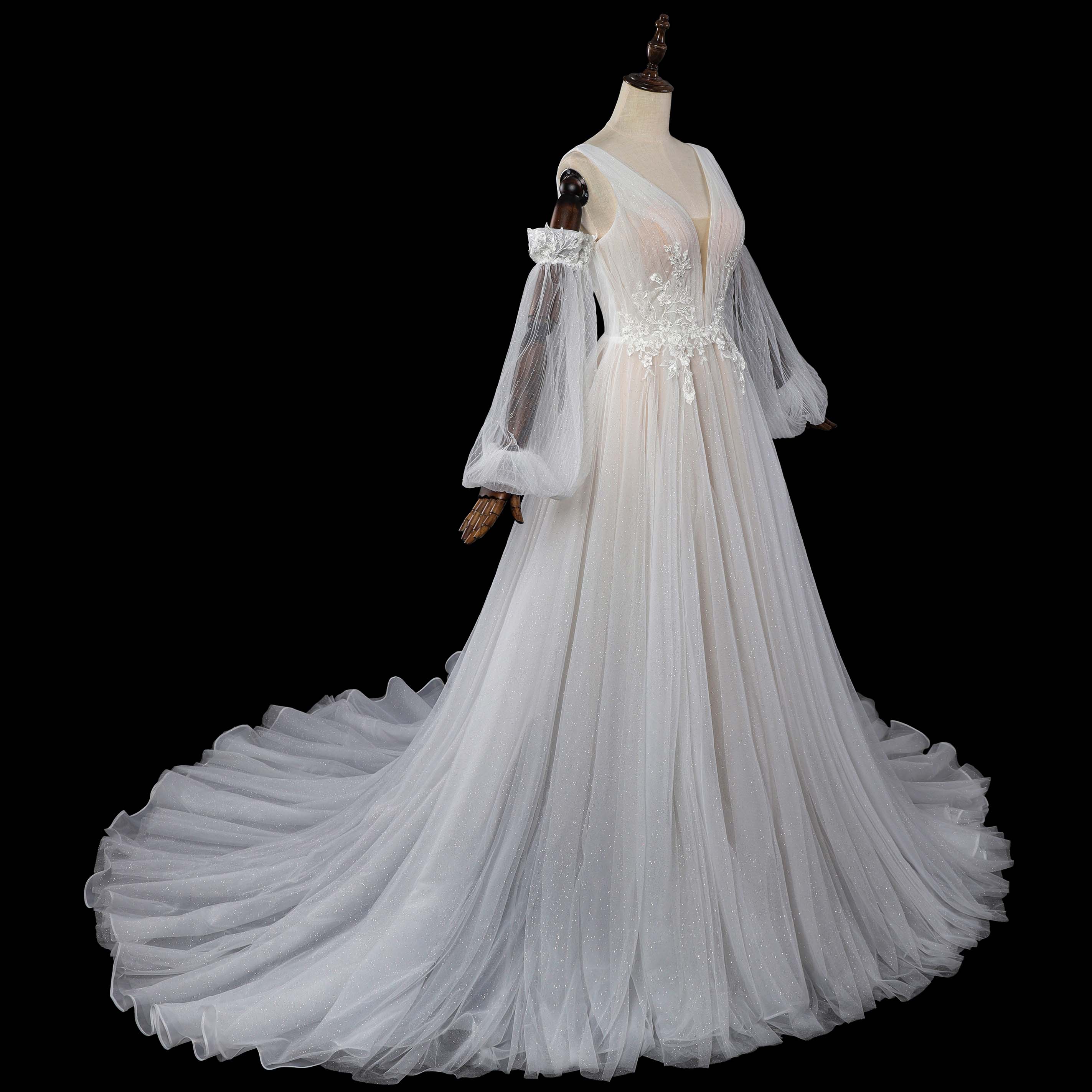 V-Neck Ballgown Wedding Dress with Detachable Tulle Sleeves and Cathedral Train