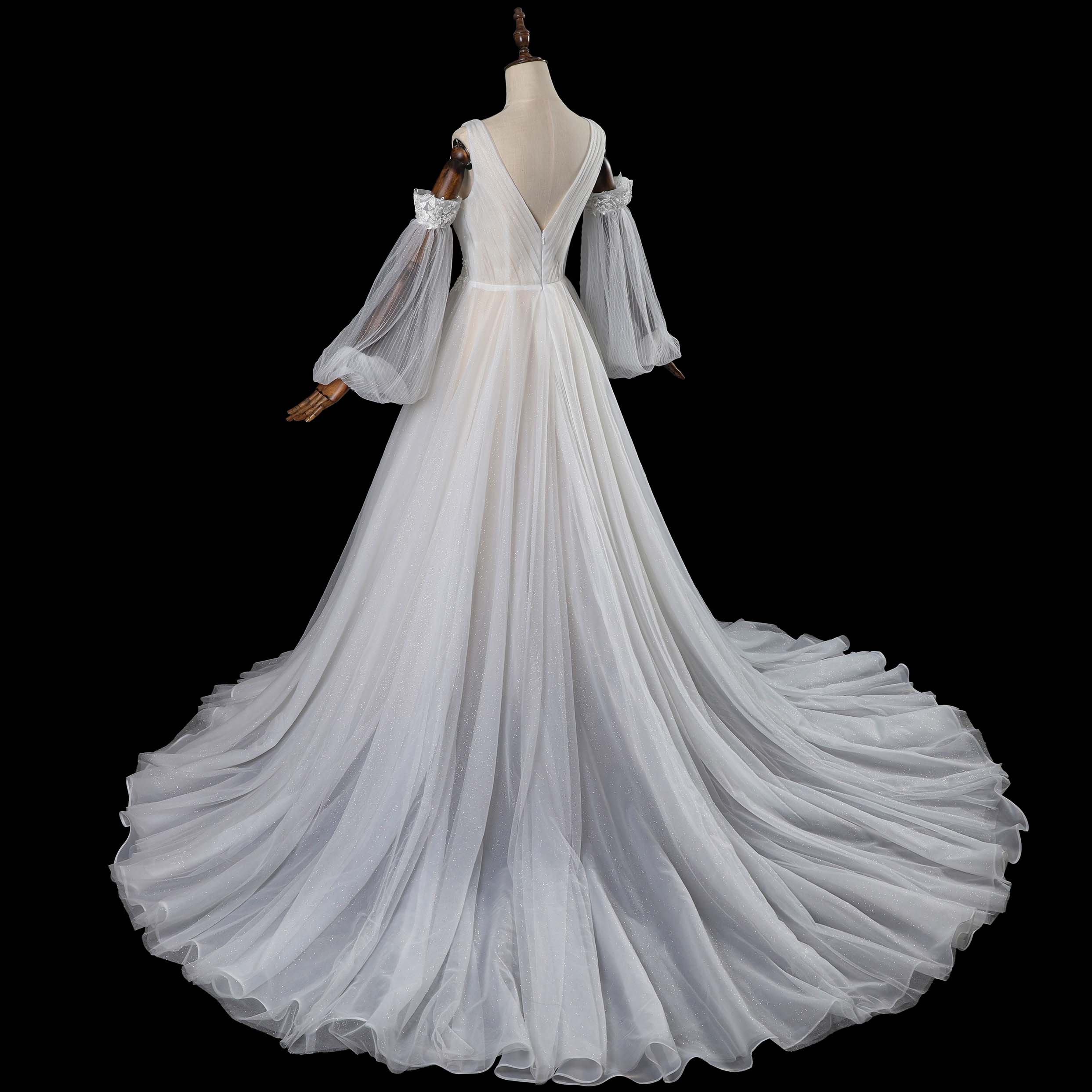V-Neck Ballgown Wedding Dress with Detachable Tulle Sleeves and Cathedral Train