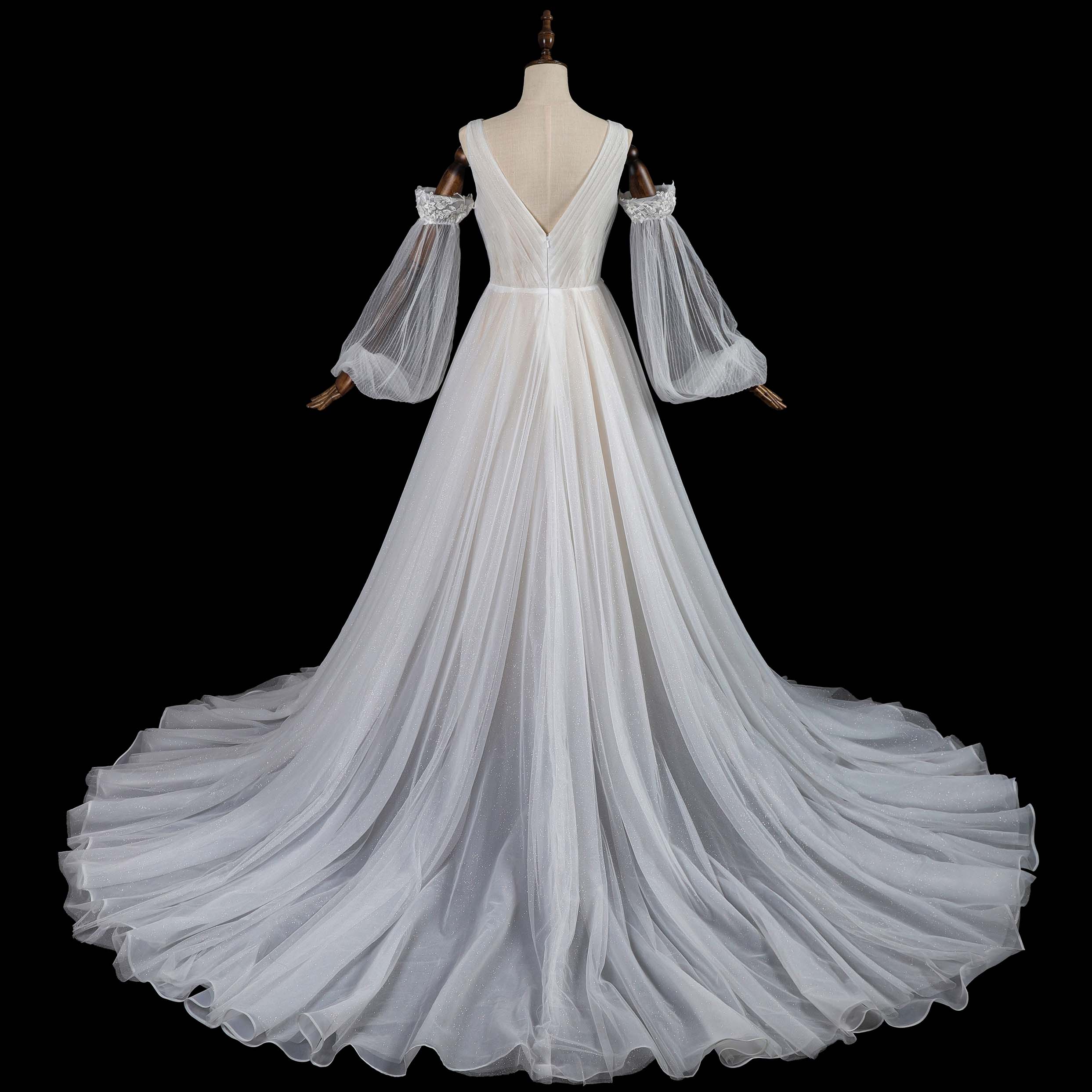 V-Neck Ballgown Wedding Dress with Detachable Tulle Sleeves and Cathedral Train