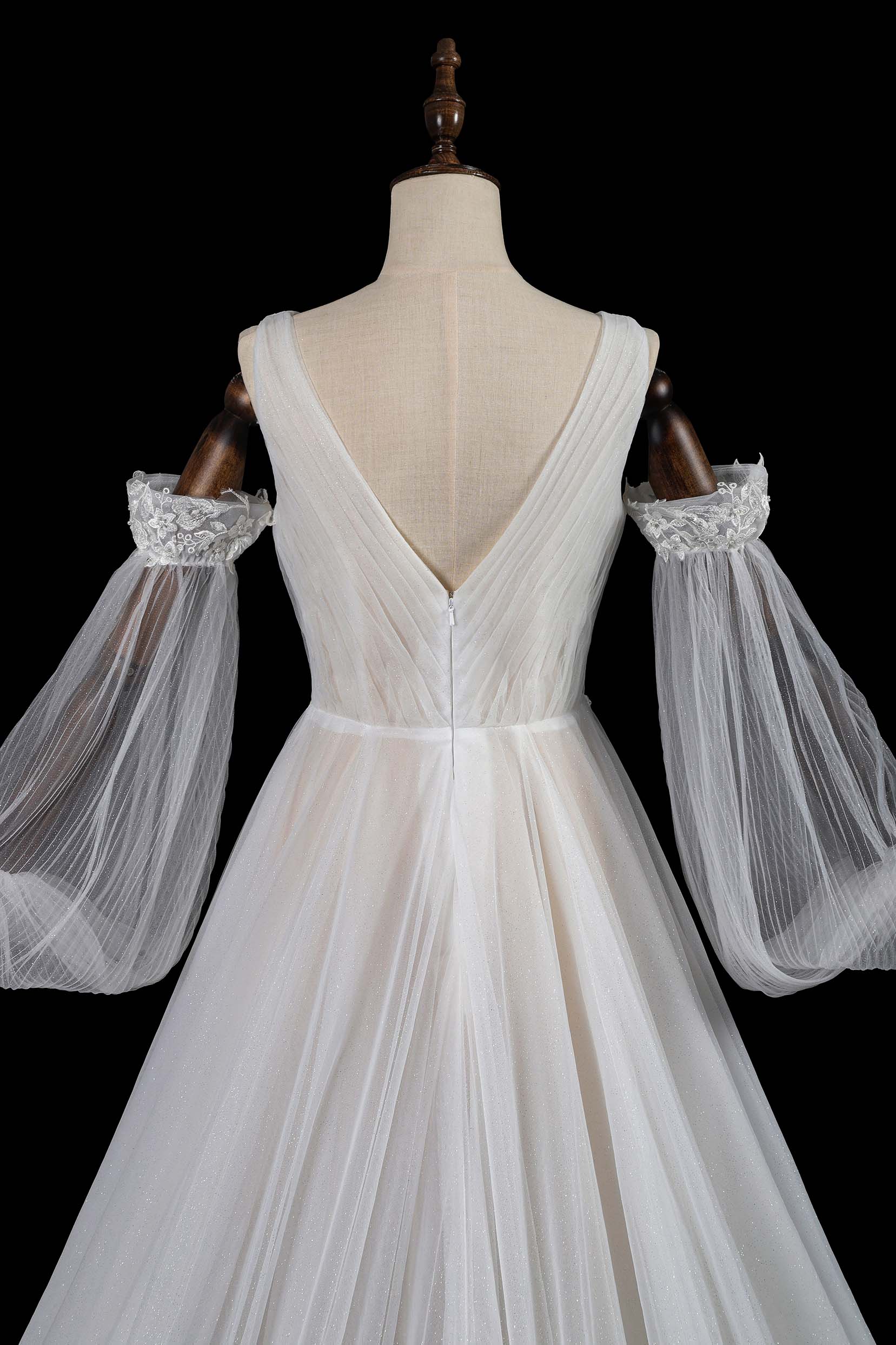 V-Neck Ballgown Wedding Dress with Detachable Tulle Sleeves and Cathedral Train