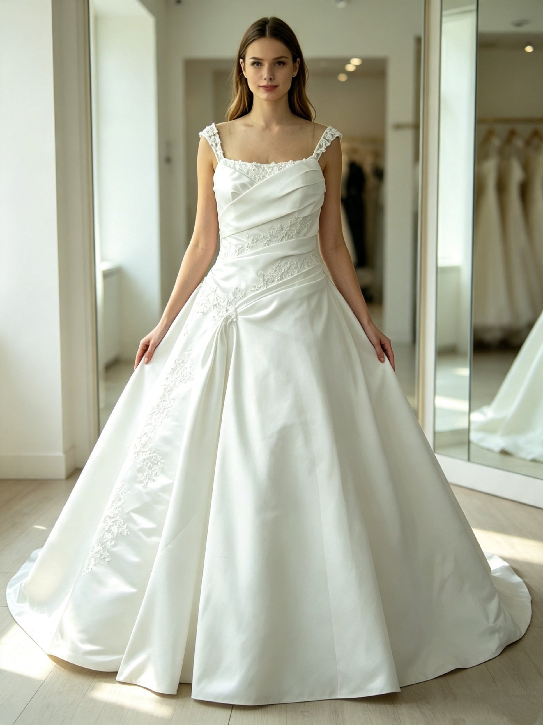 Ivory Satin A-Line Wedding Dress with Lace Straps, Ruched Bodice & Floral Embroidery – Chapel Train Bridal Gown