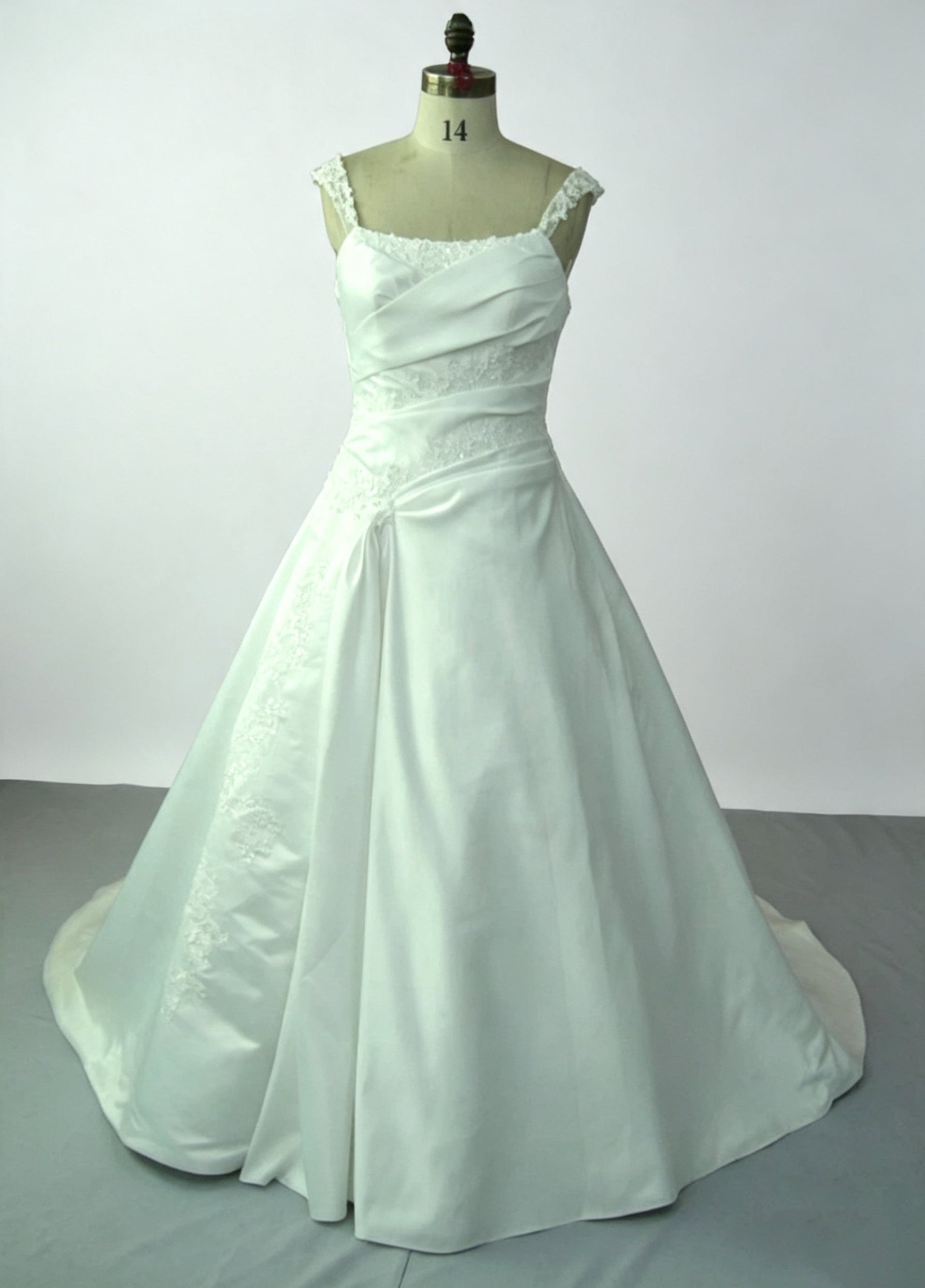 Ivory Satin A-Line Wedding Dress with Lace Straps, Ruched Bodice & Floral Embroidery – Chapel Train Bridal Gown