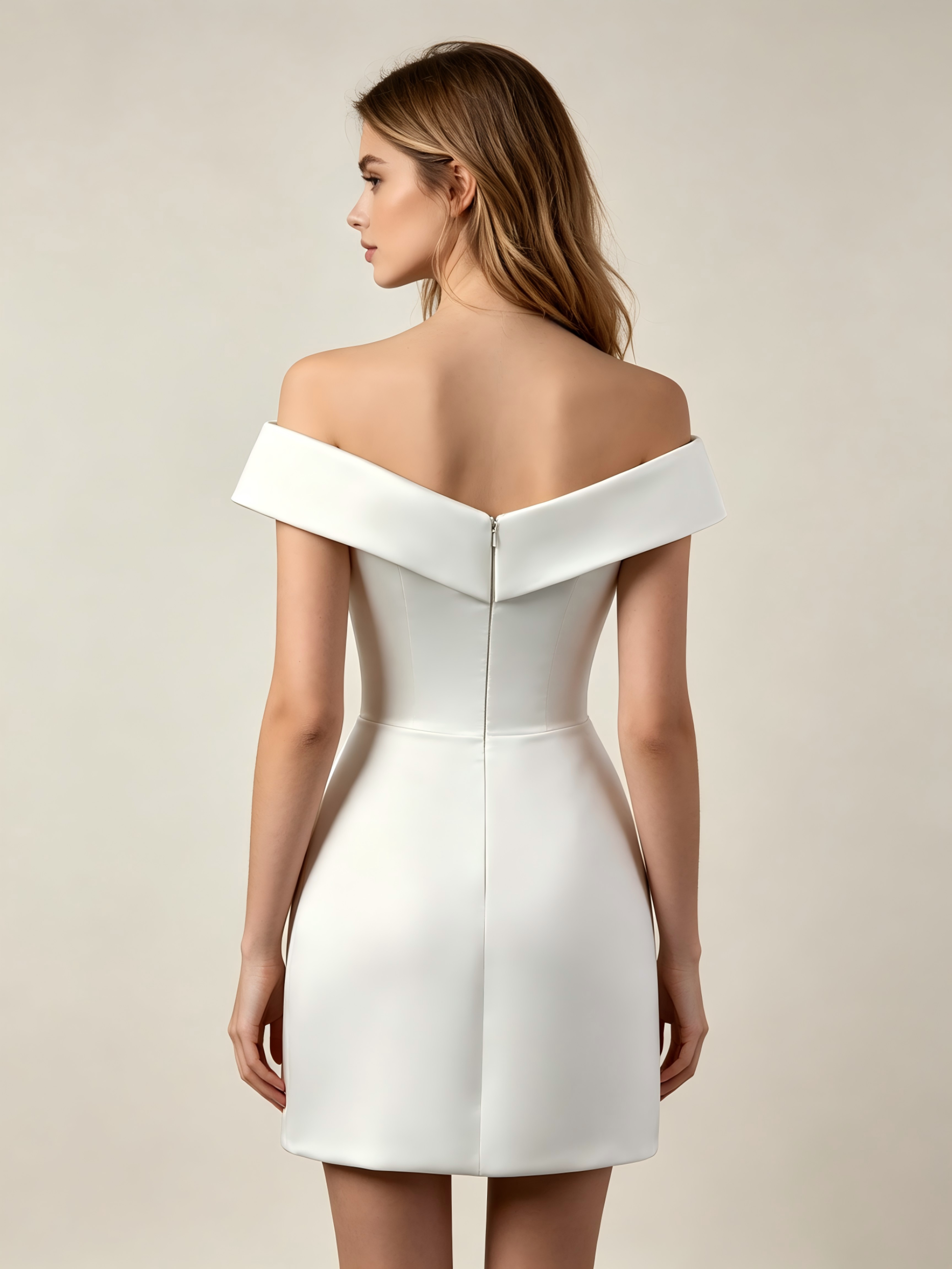 Off-Shoulder Satin Bridal Gown  with Ruched Skirt - Short Wedding Dress