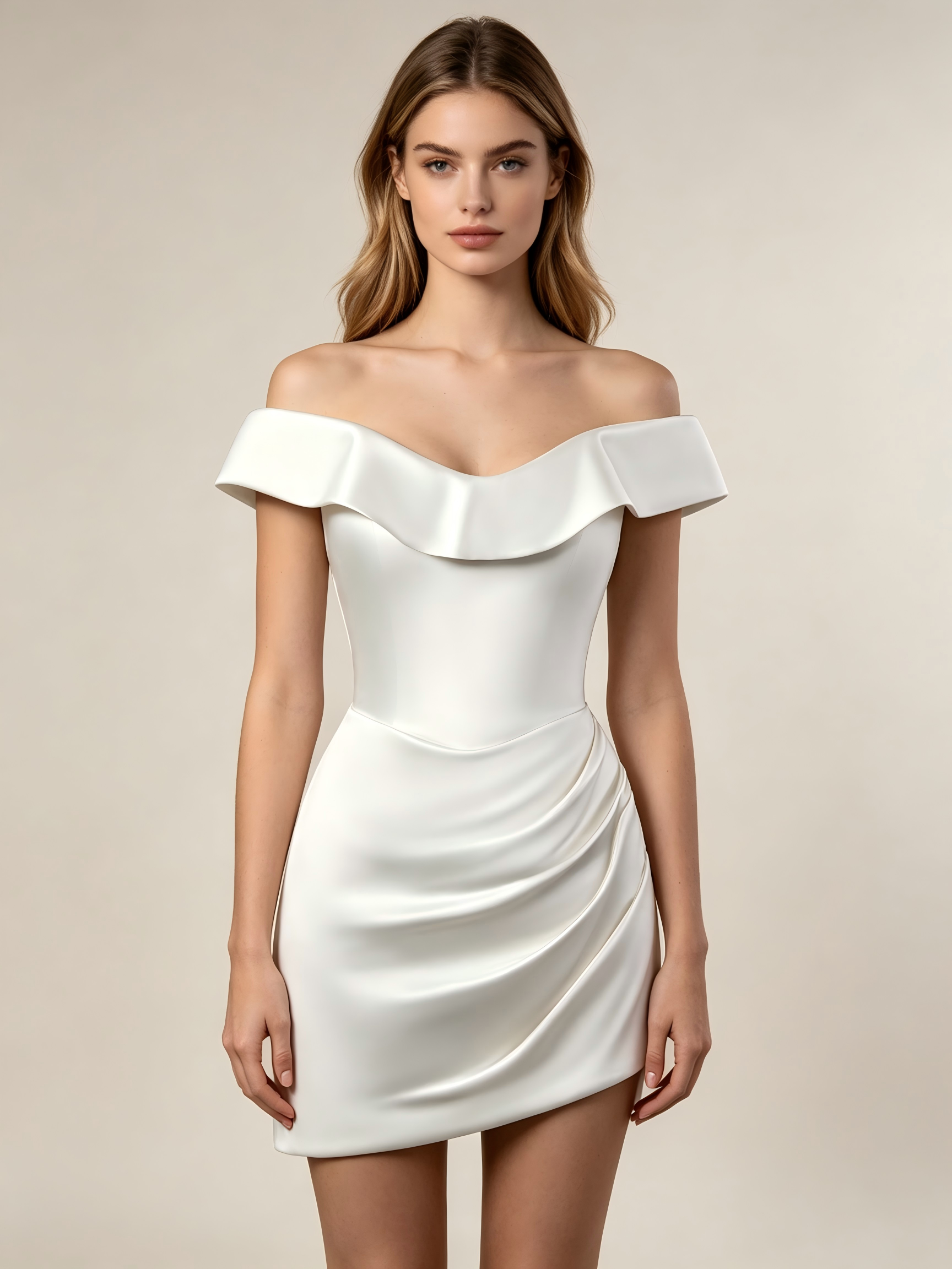 Off-Shoulder Satin Bridal Gown  with Ruched Skirt - Short Wedding Dress