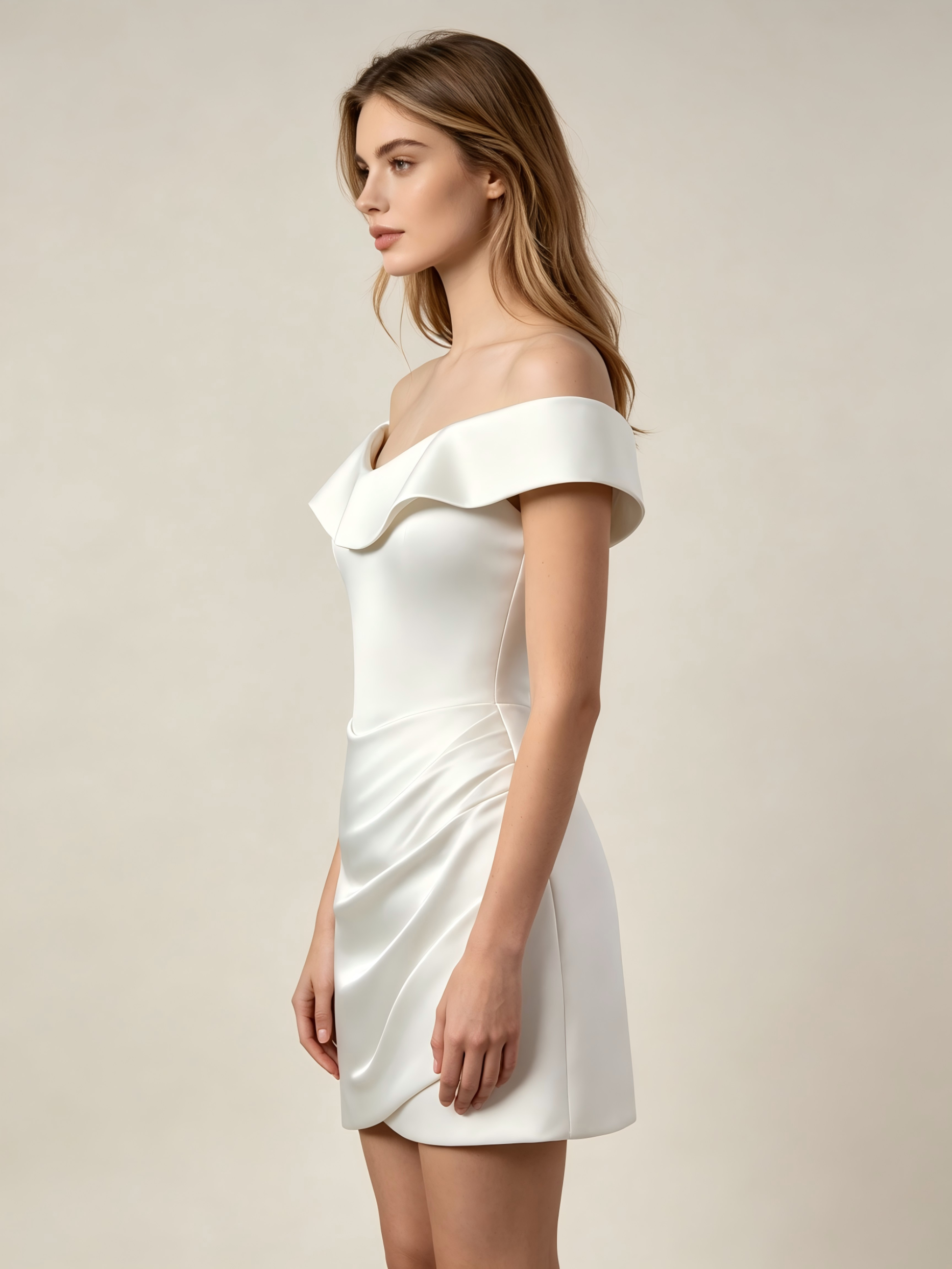 Off-Shoulder Satin Bridal Gown  with Ruched Skirt - Short Wedding Dress