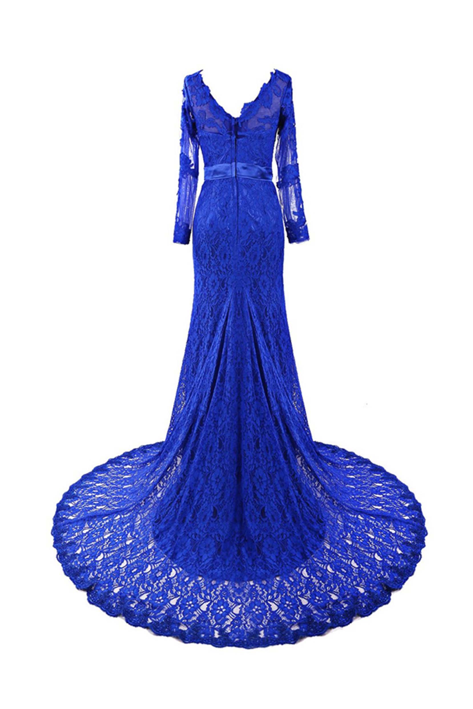 Lace Mermaid Gown - Long Sleeve Evening Dress with V-Neckline and Train