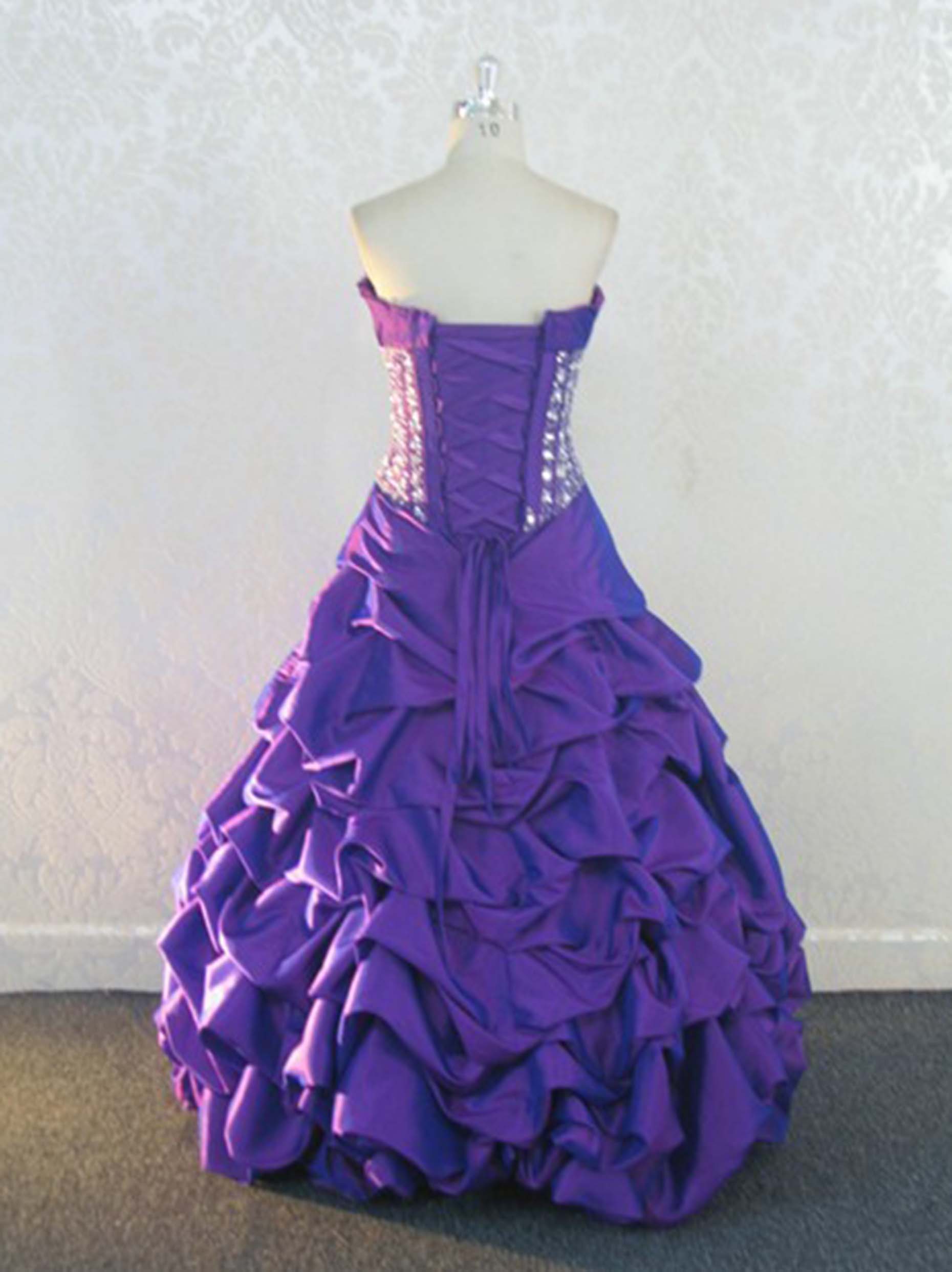 Purple Quinceanera Ball Gown with Crystal Beaded Corset & Ruched Taffeta Pick-Up Skirt
