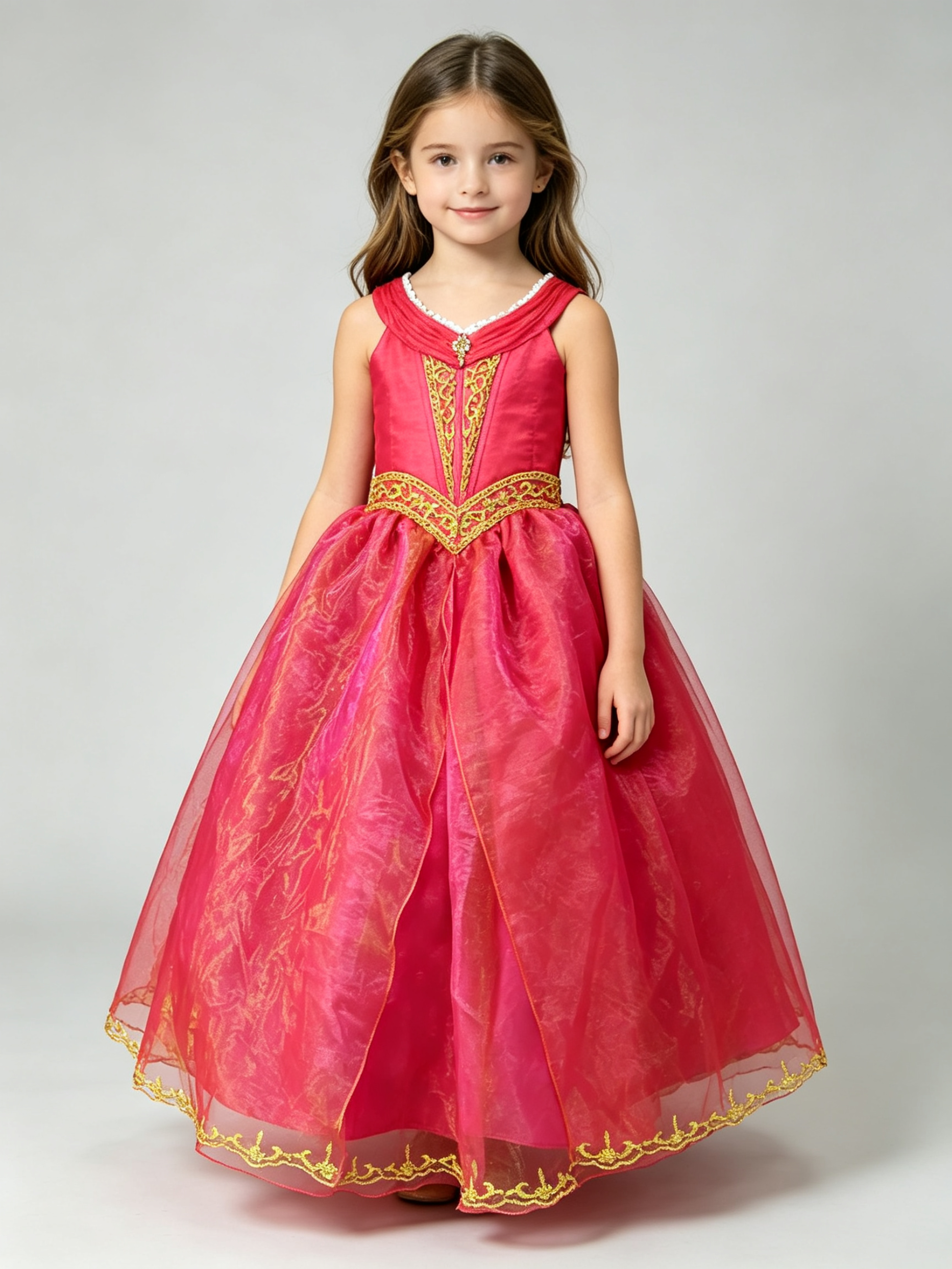 Red & Gold Embroidered Flower Girl Dress for Wedding, Pageant & Party
