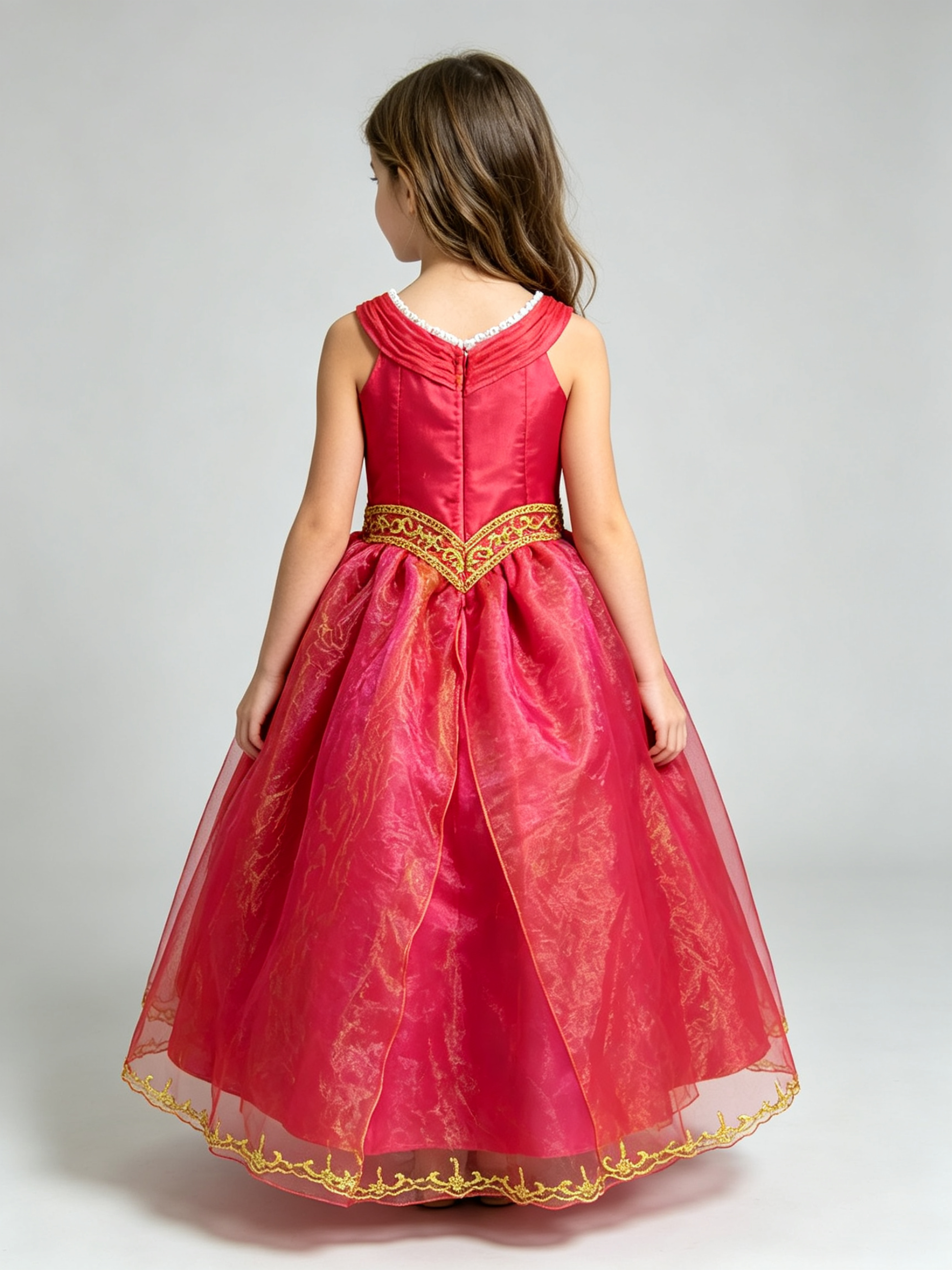 Red & Gold Embroidered Flower Girl Dress for Wedding, Pageant & Party