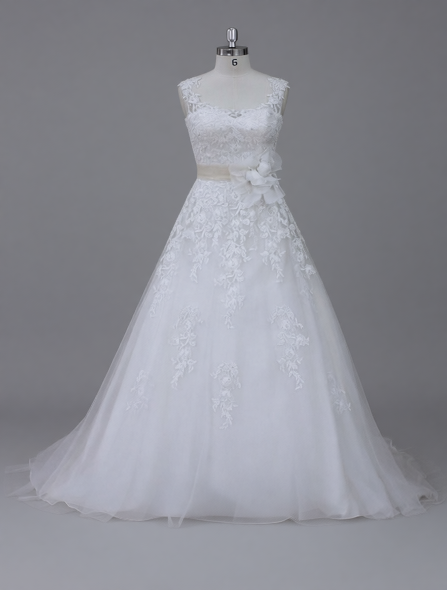 A-Line Wedding Dress with 3D Floral Appliqué Sash & Tulle Skirt - Elegant Bridal Gown