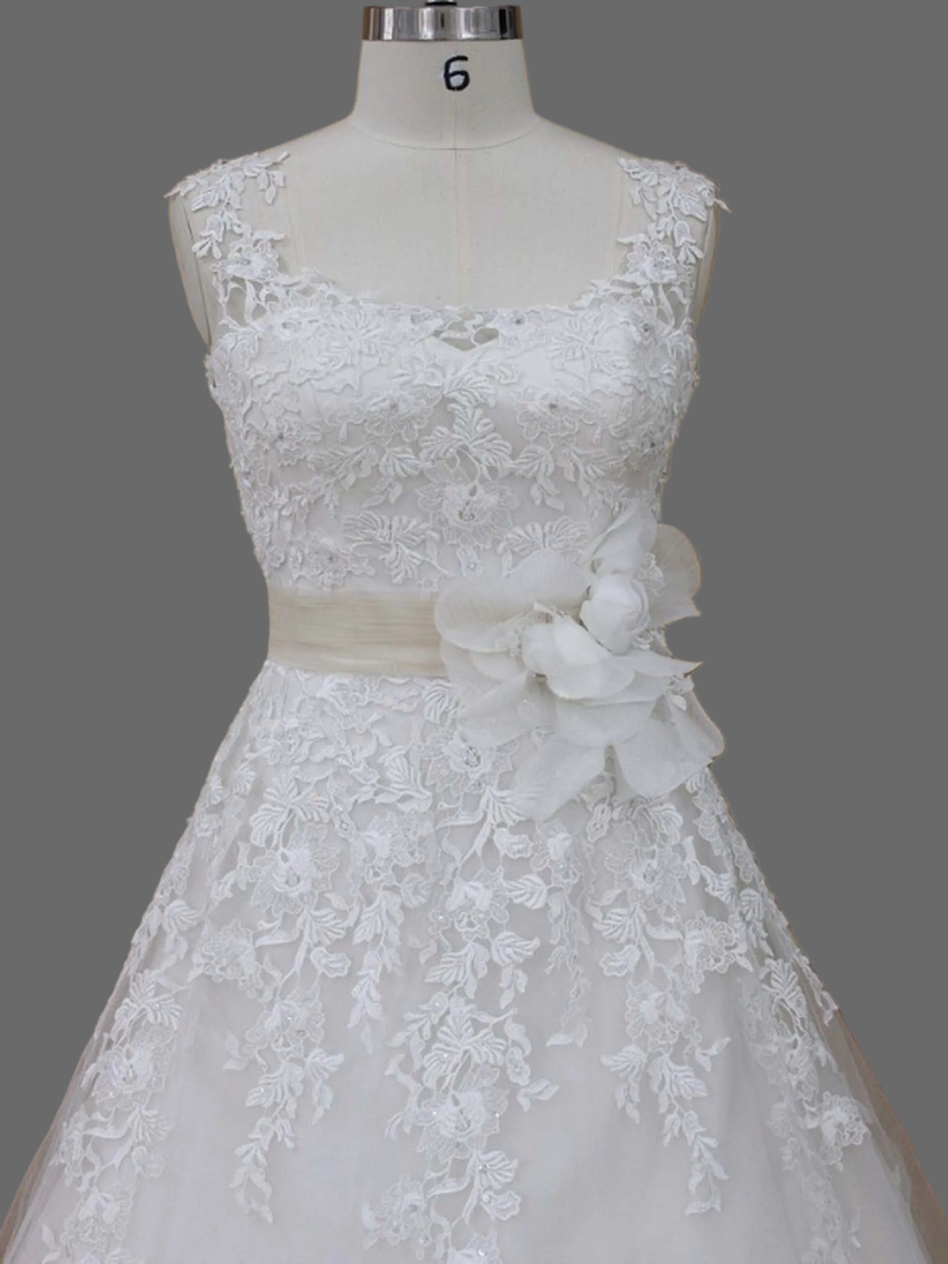 A-Line Wedding Dress with 3D Floral Appliqué Sash & Tulle Skirt - Elegant Bridal Gown