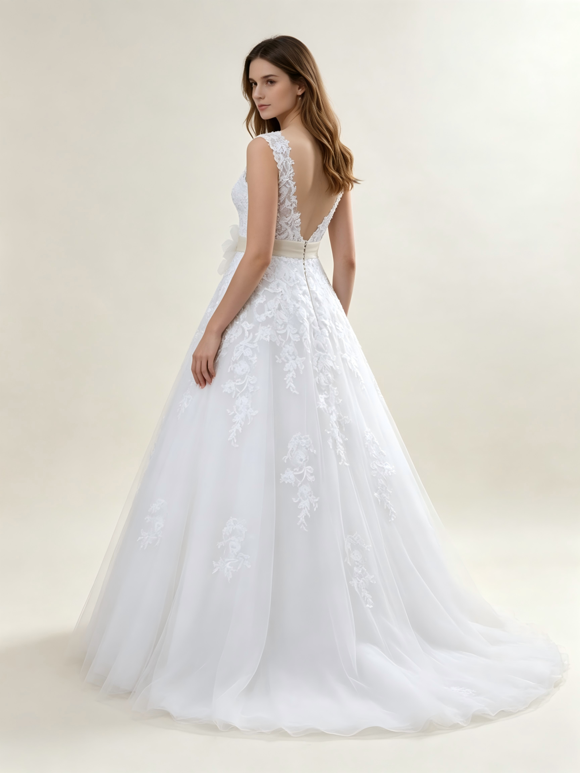 A-Line Wedding Dress with 3D Floral Appliqué Sash & Tulle Skirt - Elegant Bridal Gown
