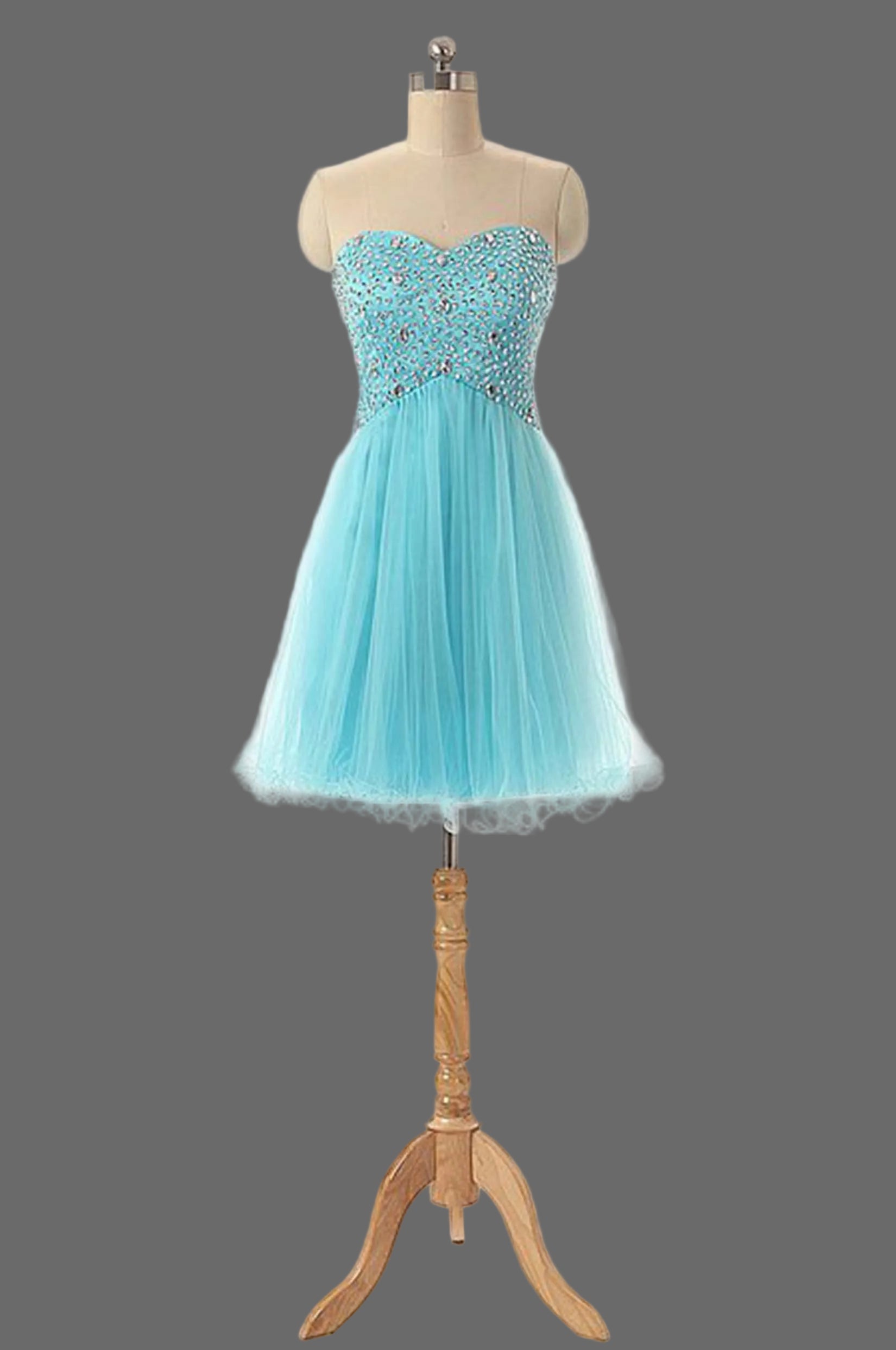 Aqua Blue Homecoming Dress - Short Tulle Prom Dress with Crystal Beaded