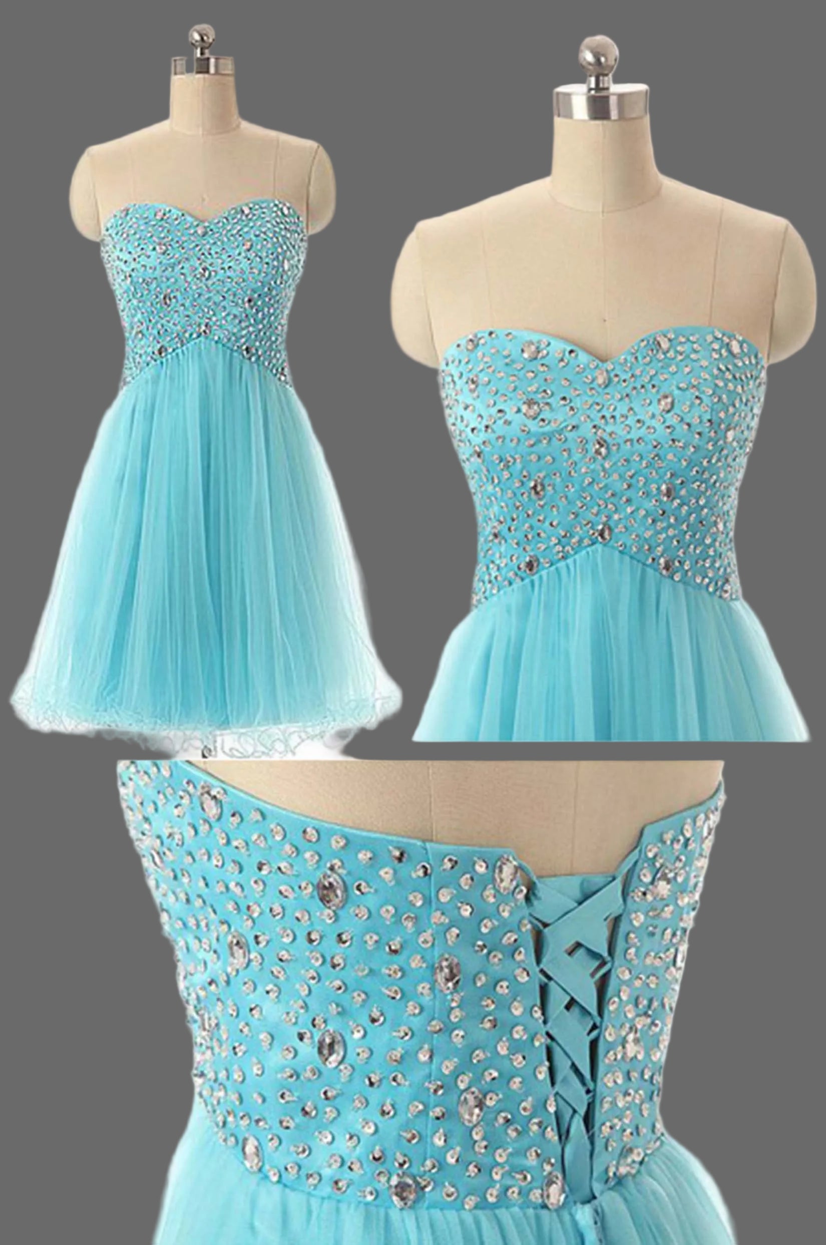 Aqua Blue Homecoming Dress - Short Tulle Prom Dress with Crystal Beaded