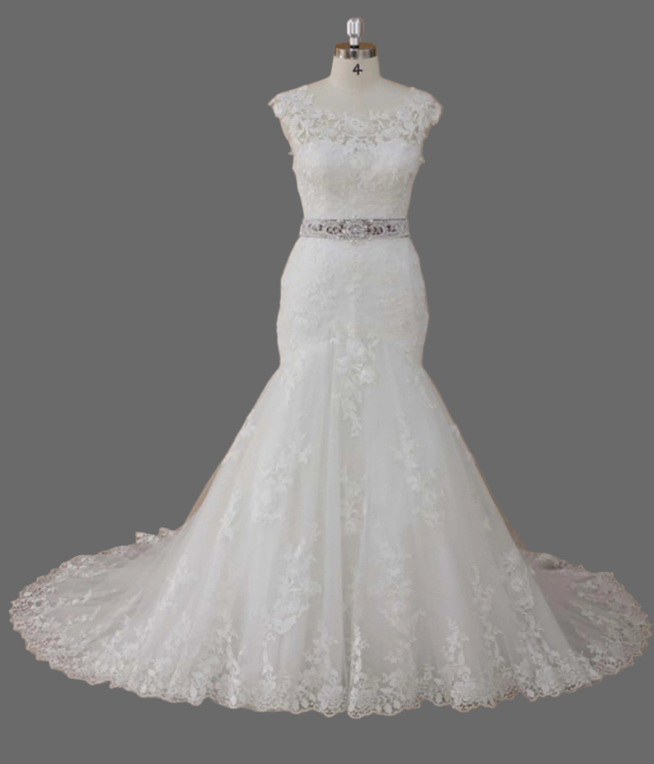 Bateau Neck Cap Sleeve Lace Applique Mermaid Wedding Dress with Crystal Sash Belt and Chapel Train