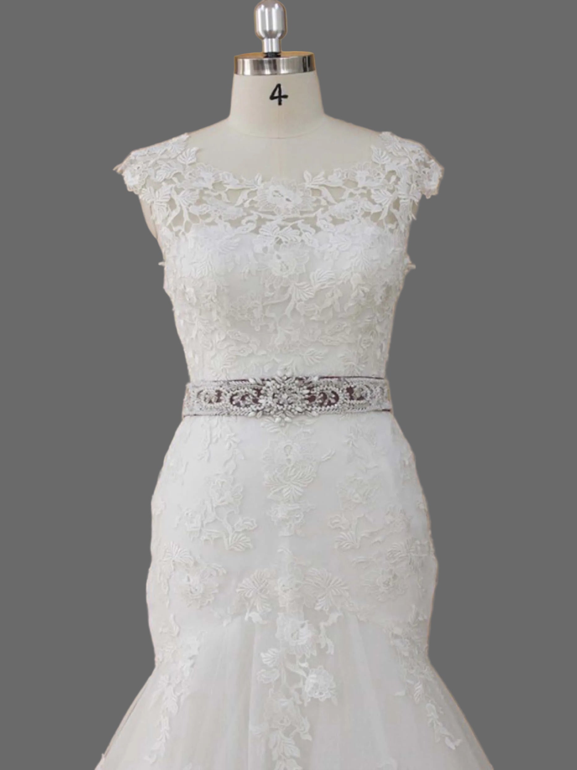 Bateau Neck Cap Sleeve Lace Applique Mermaid Wedding Dress with Crystal Sash Belt and Chapel Train